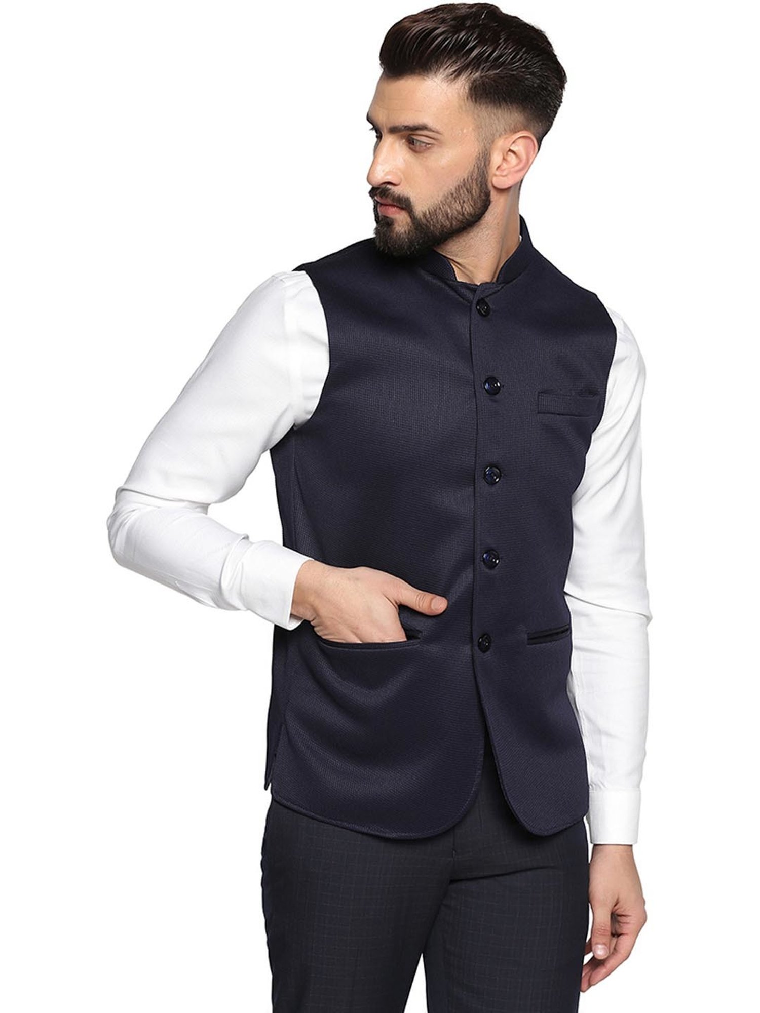 TAHVO Navy Blue Cotton Slim Fit Nehru Jacket