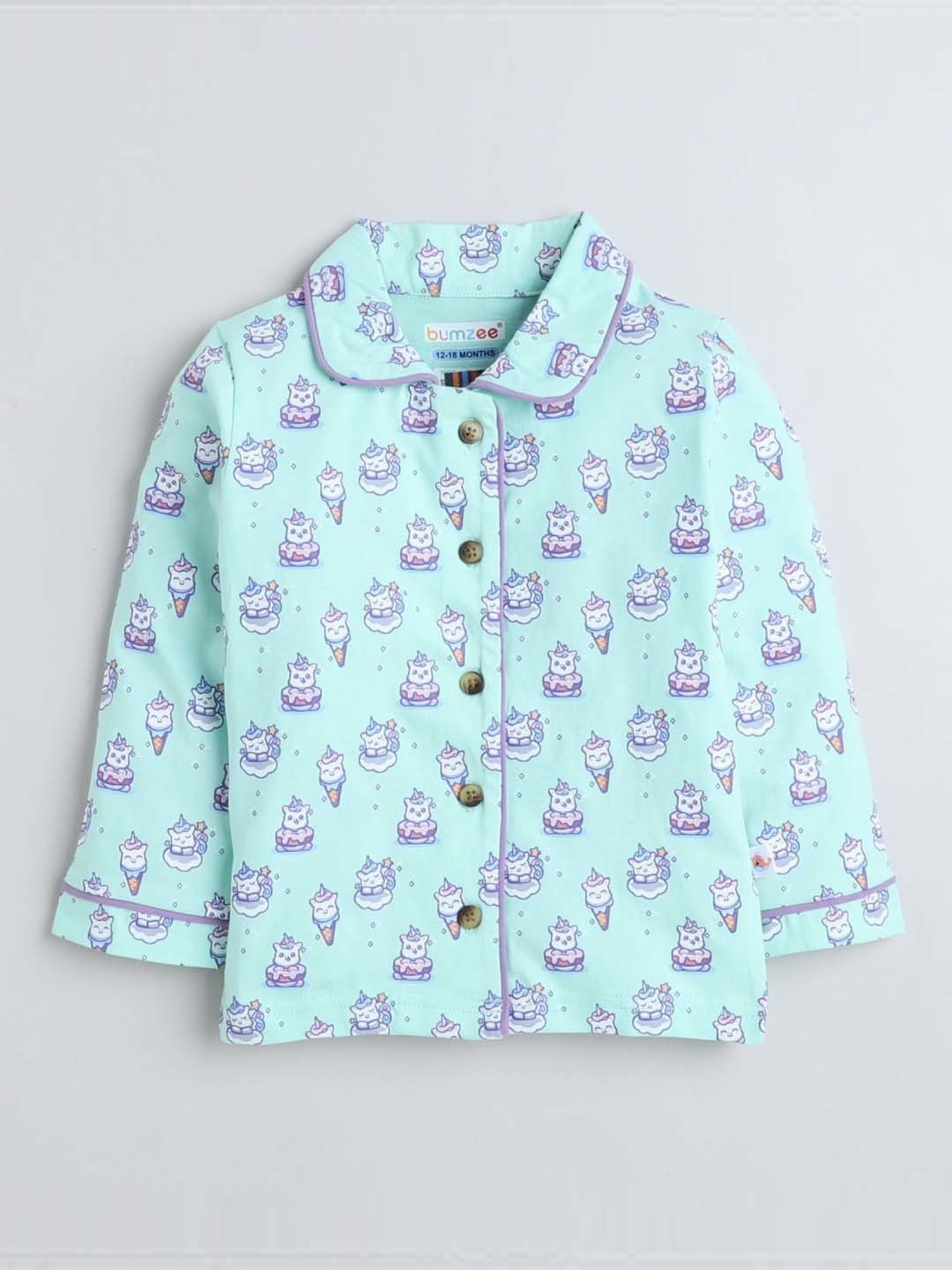 Bumzee Girls Mint Green Cotton Printed Full Sleeves Shirt Set