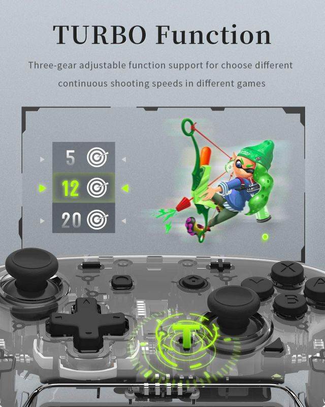 Wireless Switch Controller for Switch, Remote Pro Controller for Switch, Adjustable Turbo Vibration Motion Gyro Ergonomic, Transparent