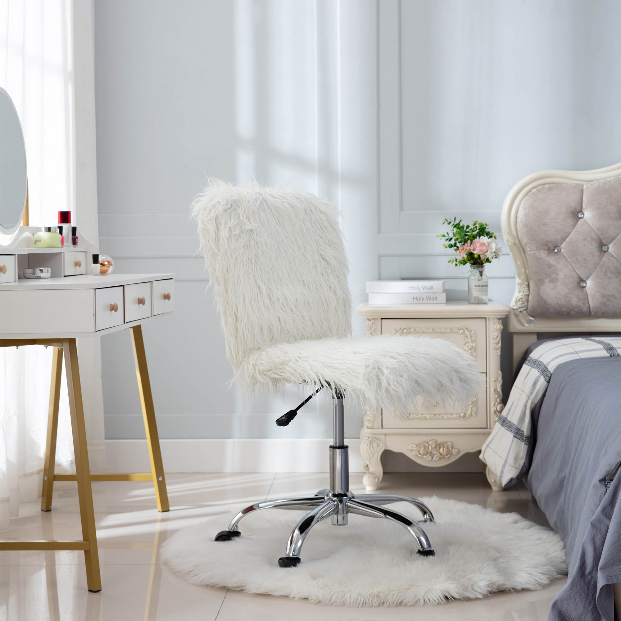 Faux Fur Flokati Armless Office Chair, White