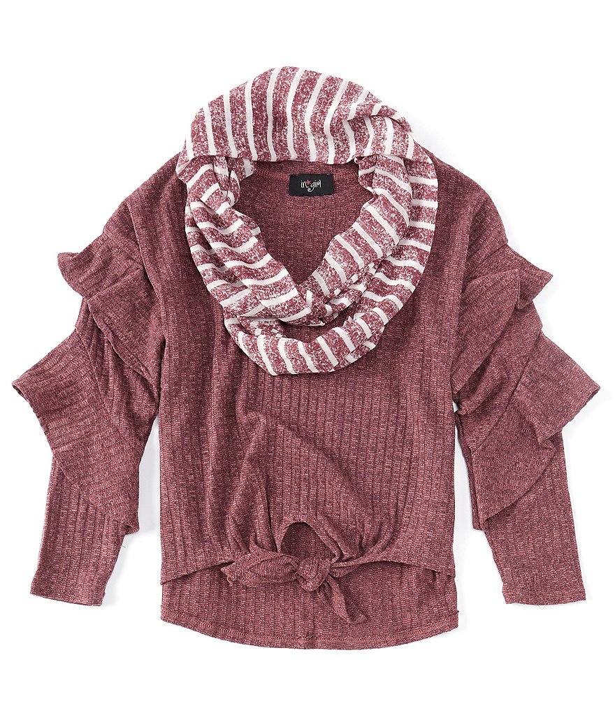 I.N. Girl Big Girls 7-16 Ruffled Long-Sleeve Tie-Front With Scarf Knit Top