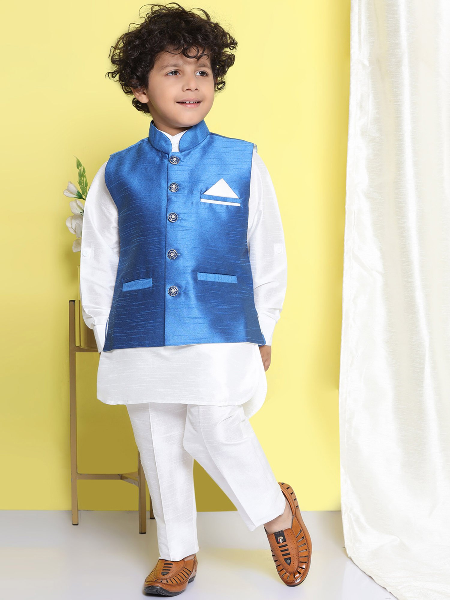 AJ Dezines Kids White & Blue Solid Full Sleeves Kurta, Trousers with Waistcoat