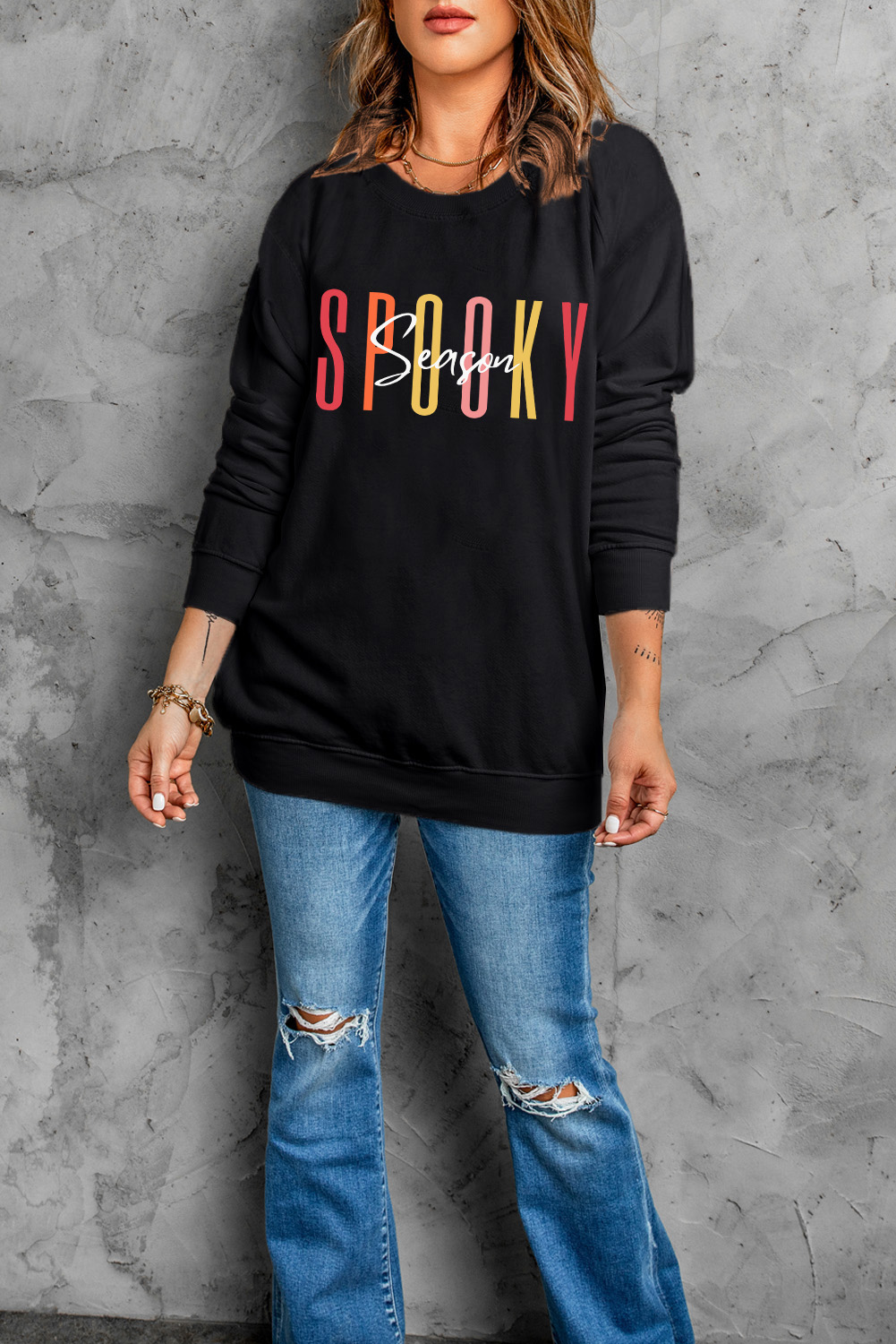 Black Spooky Season Halloween Fashion Graphic Sweatshirt