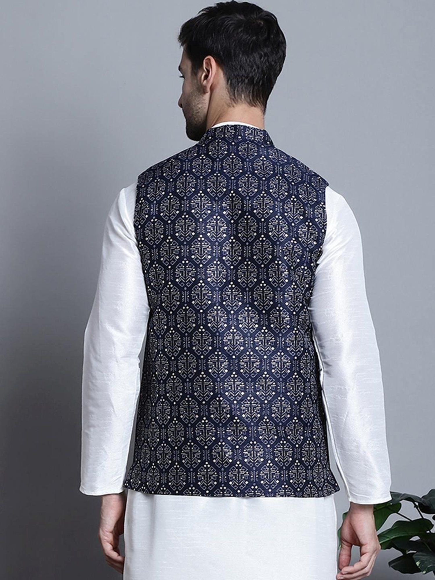 Jompers Navy  Regular Fit Printed Nehru Jacket