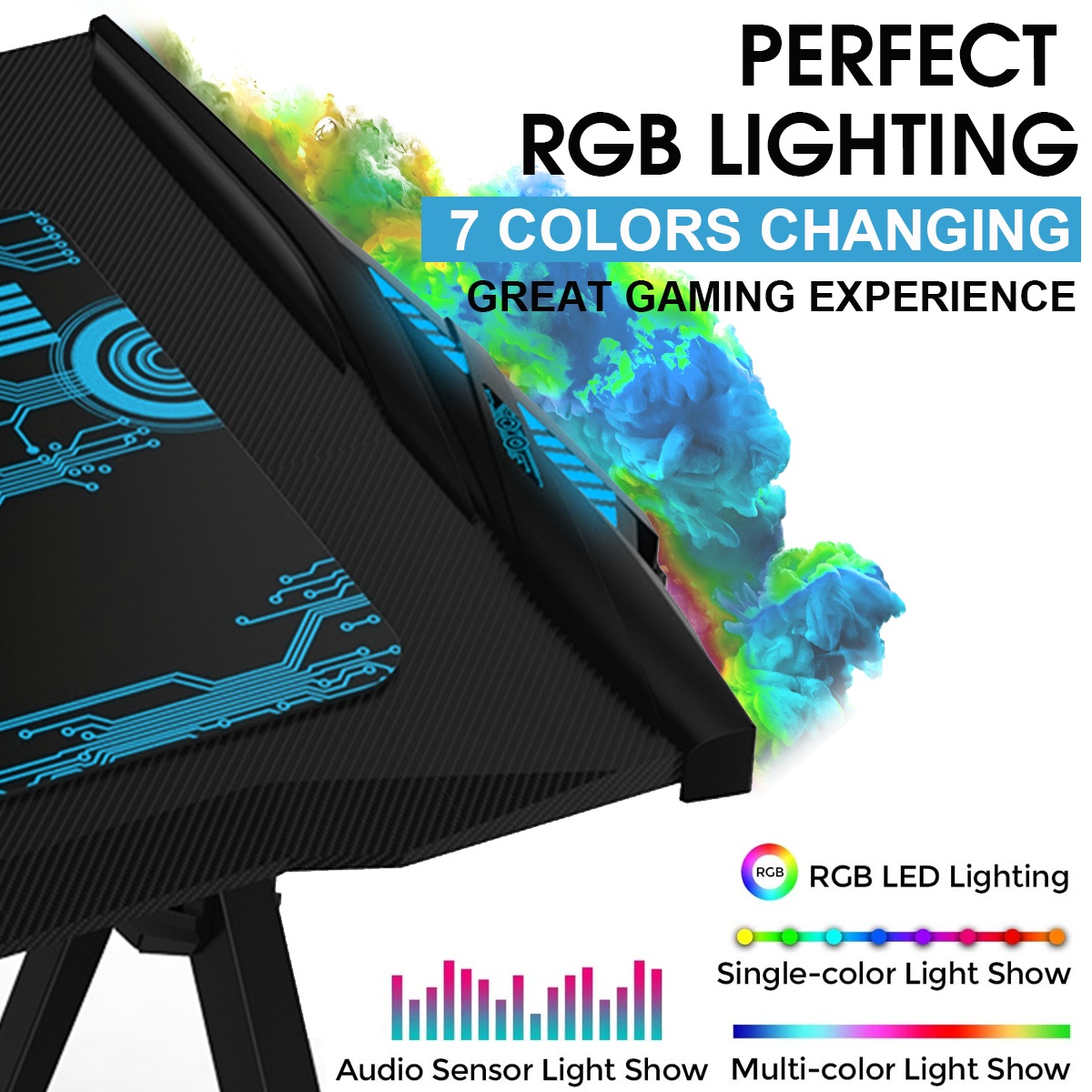 43.3" Metal Gaming Computer Desk RGB LED Lights W/ Cup Holder Headphone Hook Mouse Mat