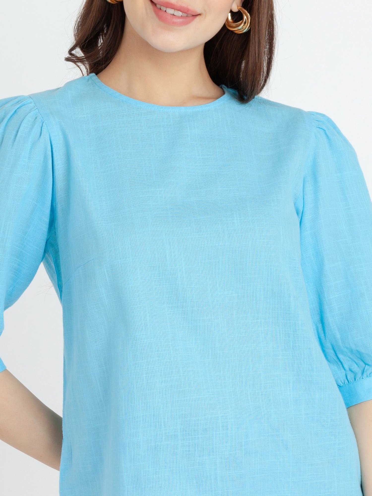 Zink London Sky Blue Cotton Regular Fit Top