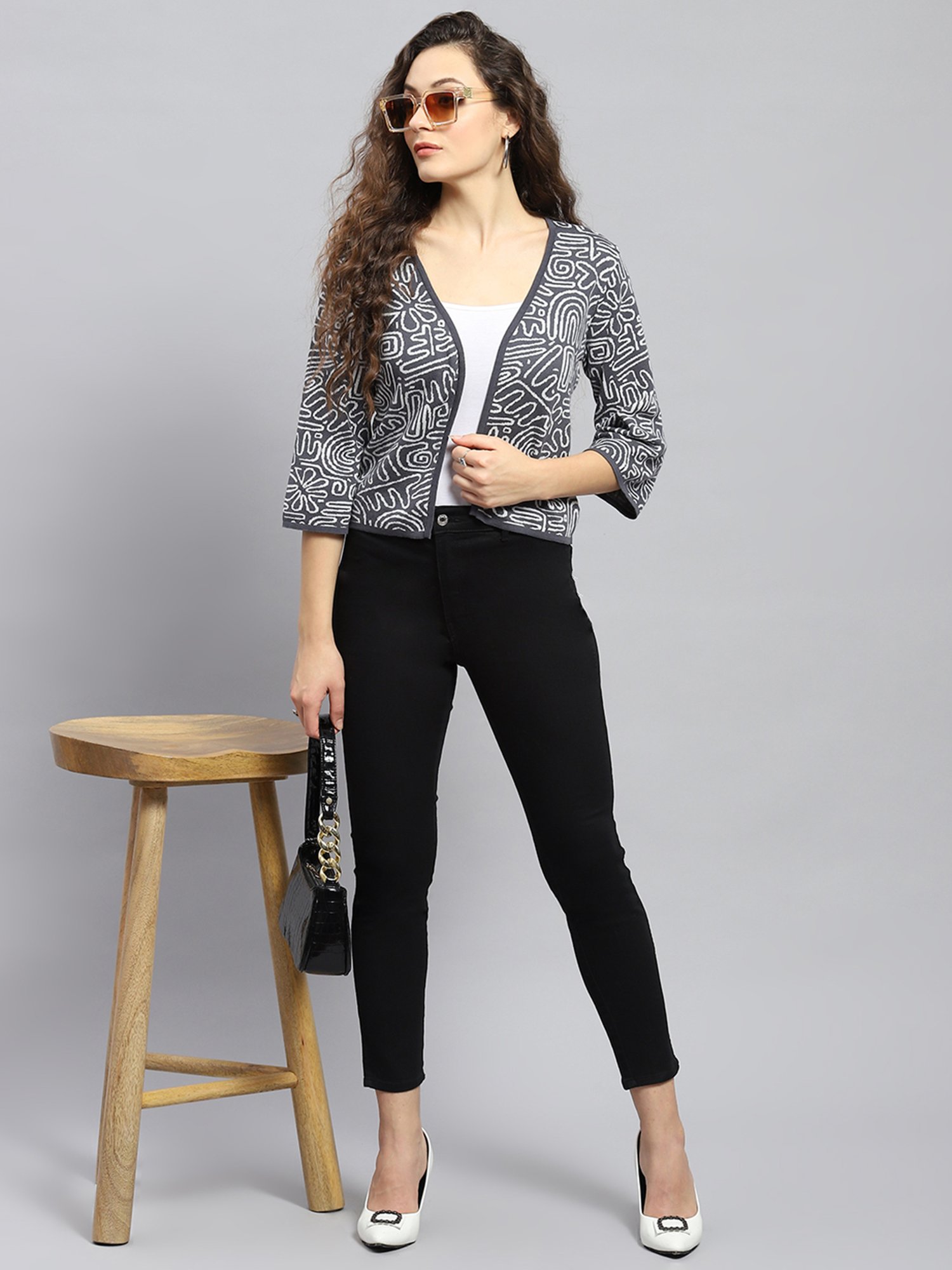 Monte Carlo White & Black Cotton Printed Shrug