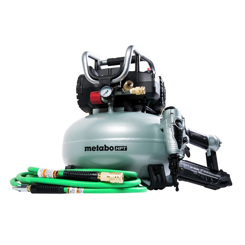 Metabo HPT KNT50ABM 18 Gauge Brad Nailer and 1 HP 6 Gallon Portable Pancake Air Compressor Combo Kit