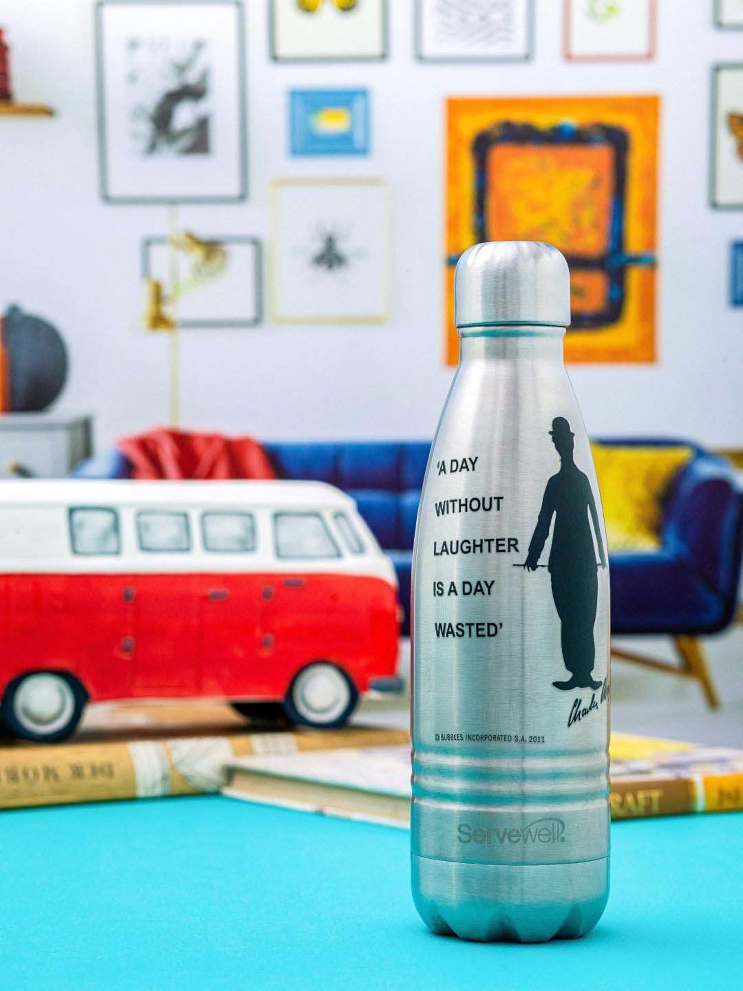 Servewell Indus Silver & Black Stainless Steel Charlie Chaplin Printed Vacuum Bottle (0.5 L)