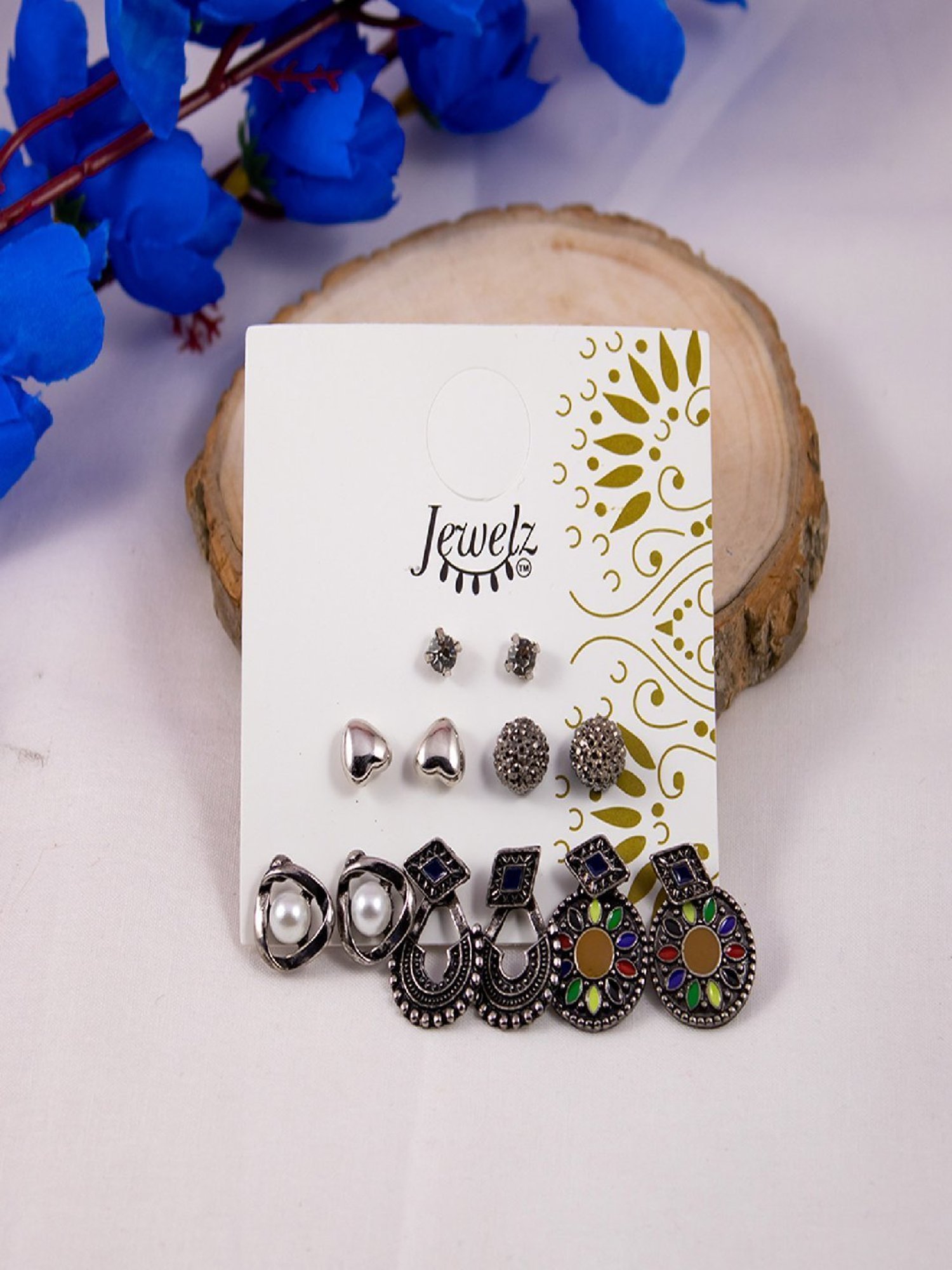 Jewelz Gold Multi-shaped Stud Earring for Girls & Women Pack of 12