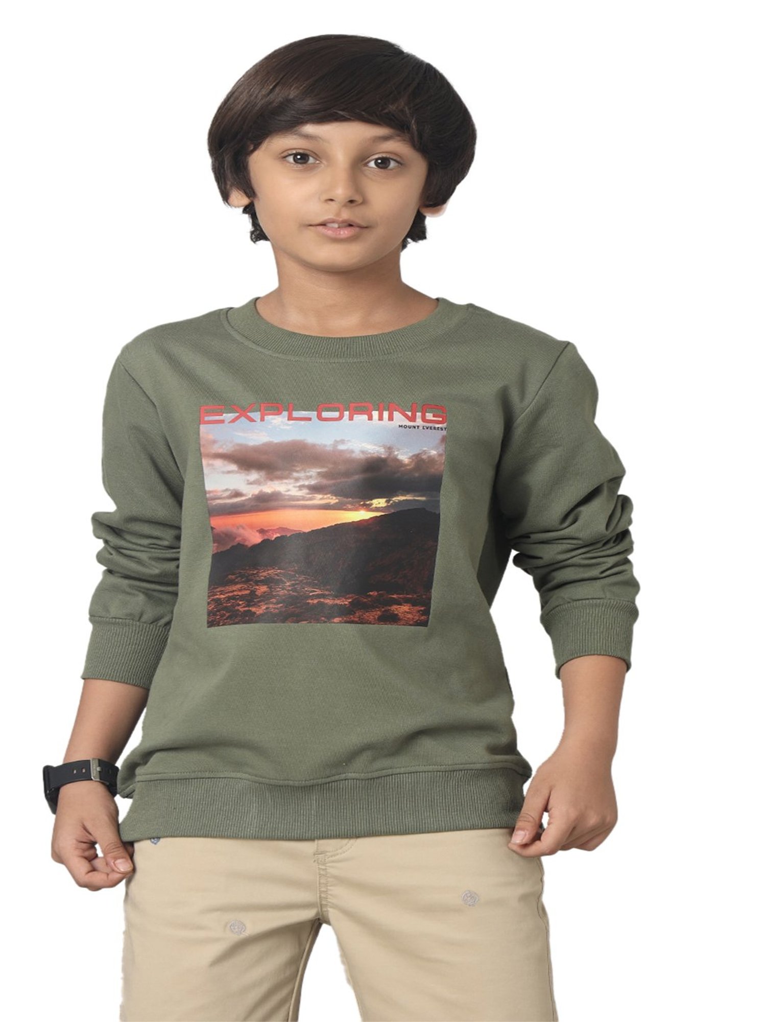 Under Fourteen Only Kids Green Printed Full Sleeves Sweatshirt