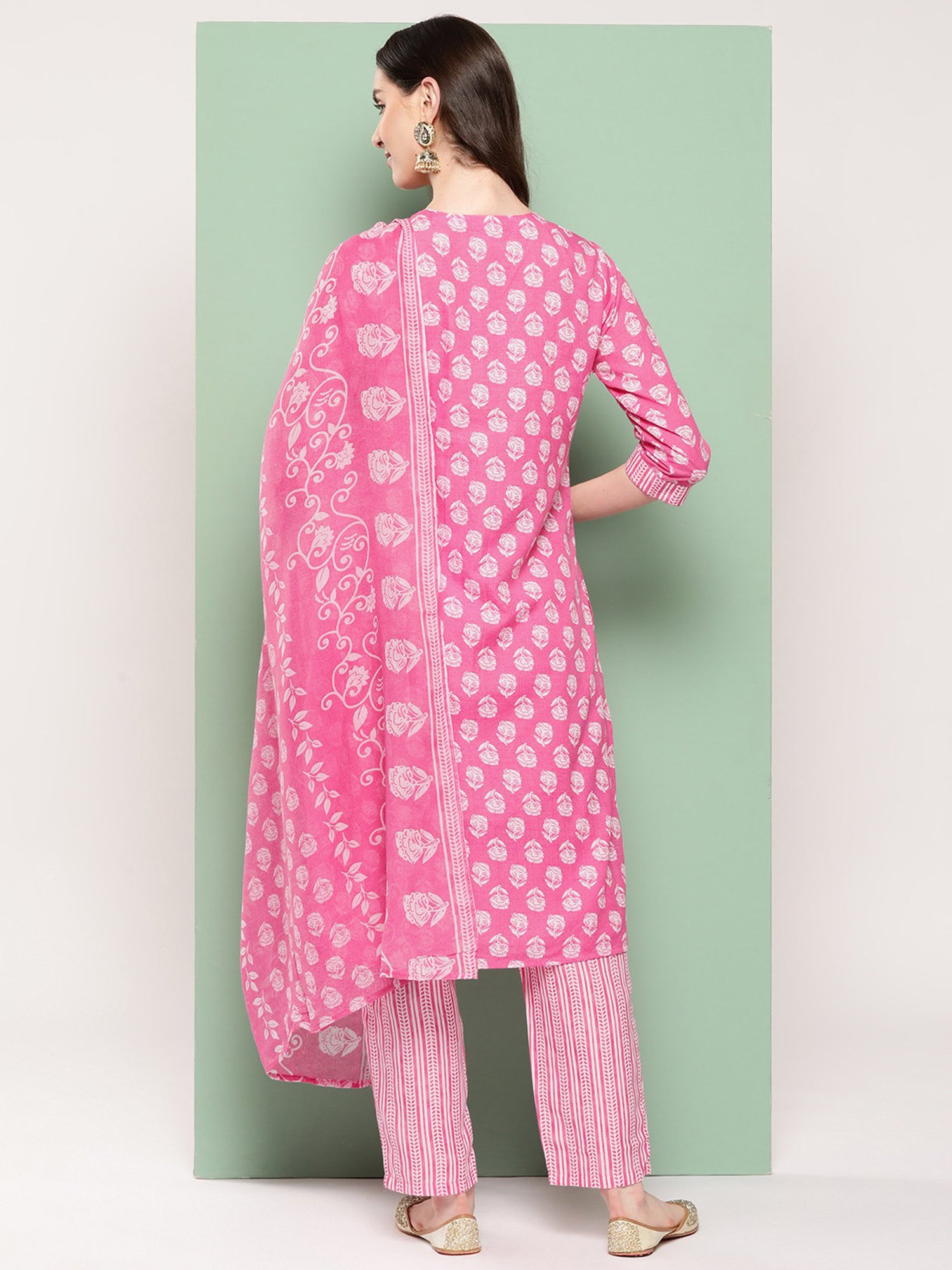 Indo Era Pink Printed Kurta With Pant & Dupatta