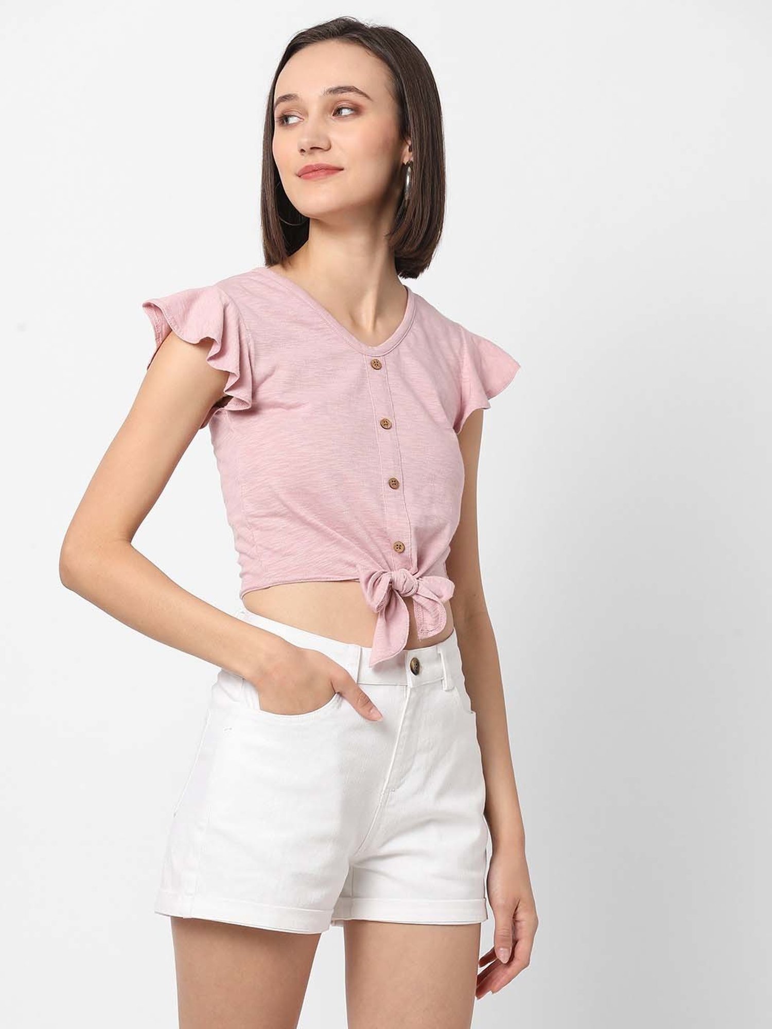 VASTRADO Pink Cotton V Neck Crop Top