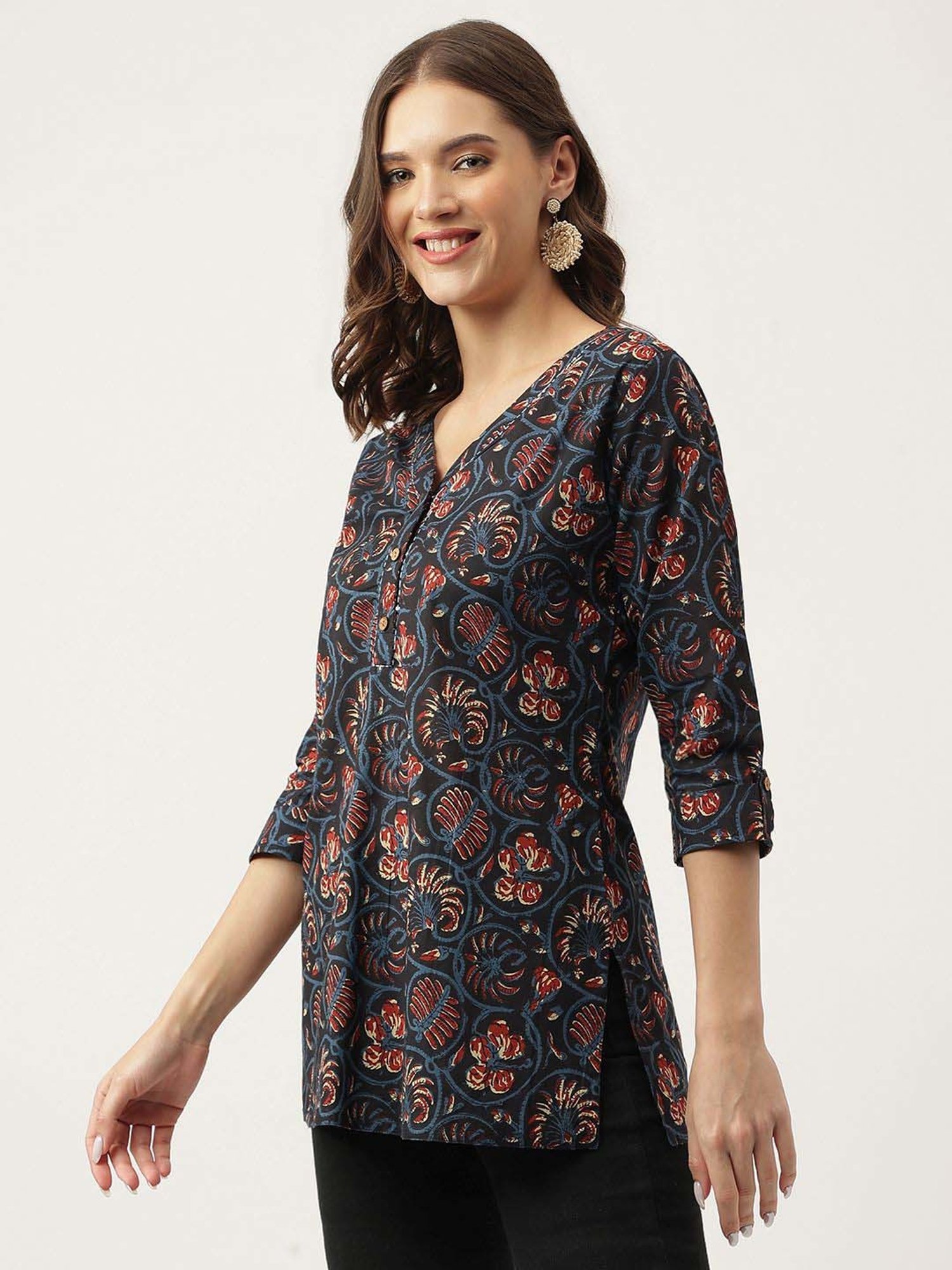 Divena Navy Cotton Floral Print Top