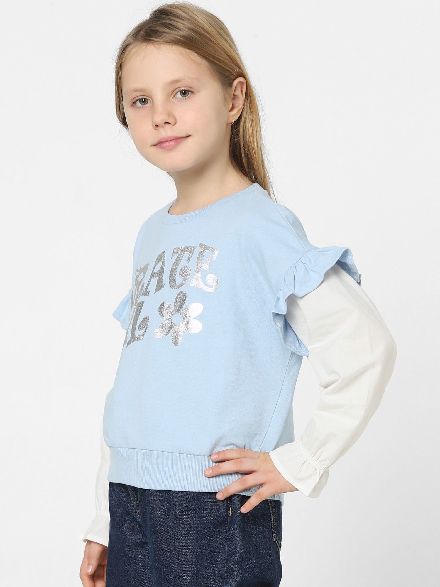 KIDS ONLY Cashmere Blue & White Cotton Printed Full Sleeves Sweatshirt