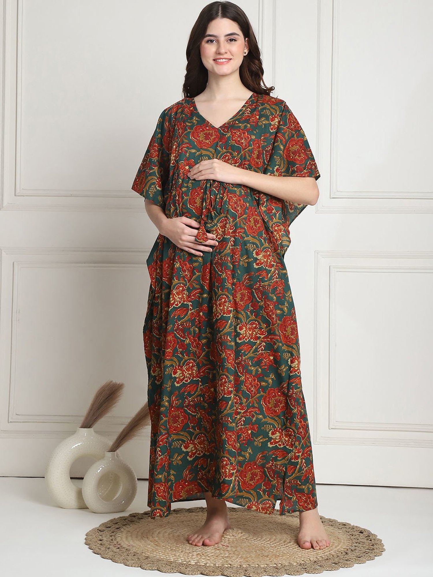 Secret Wish Dark Green Floral Print Maternity Kaftan Night Dress