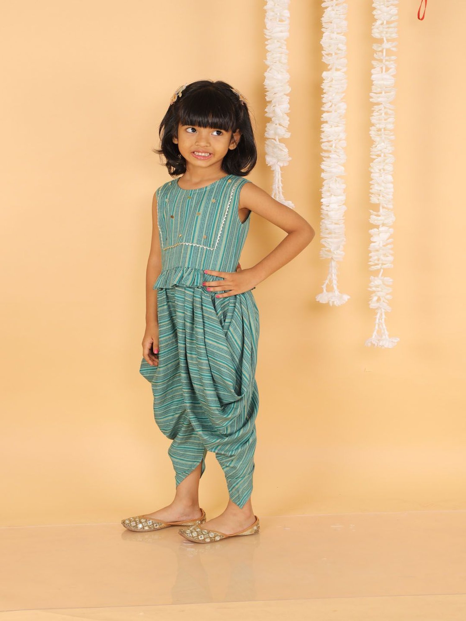 Lil Drama Kids Green Striped Top with Dhoti