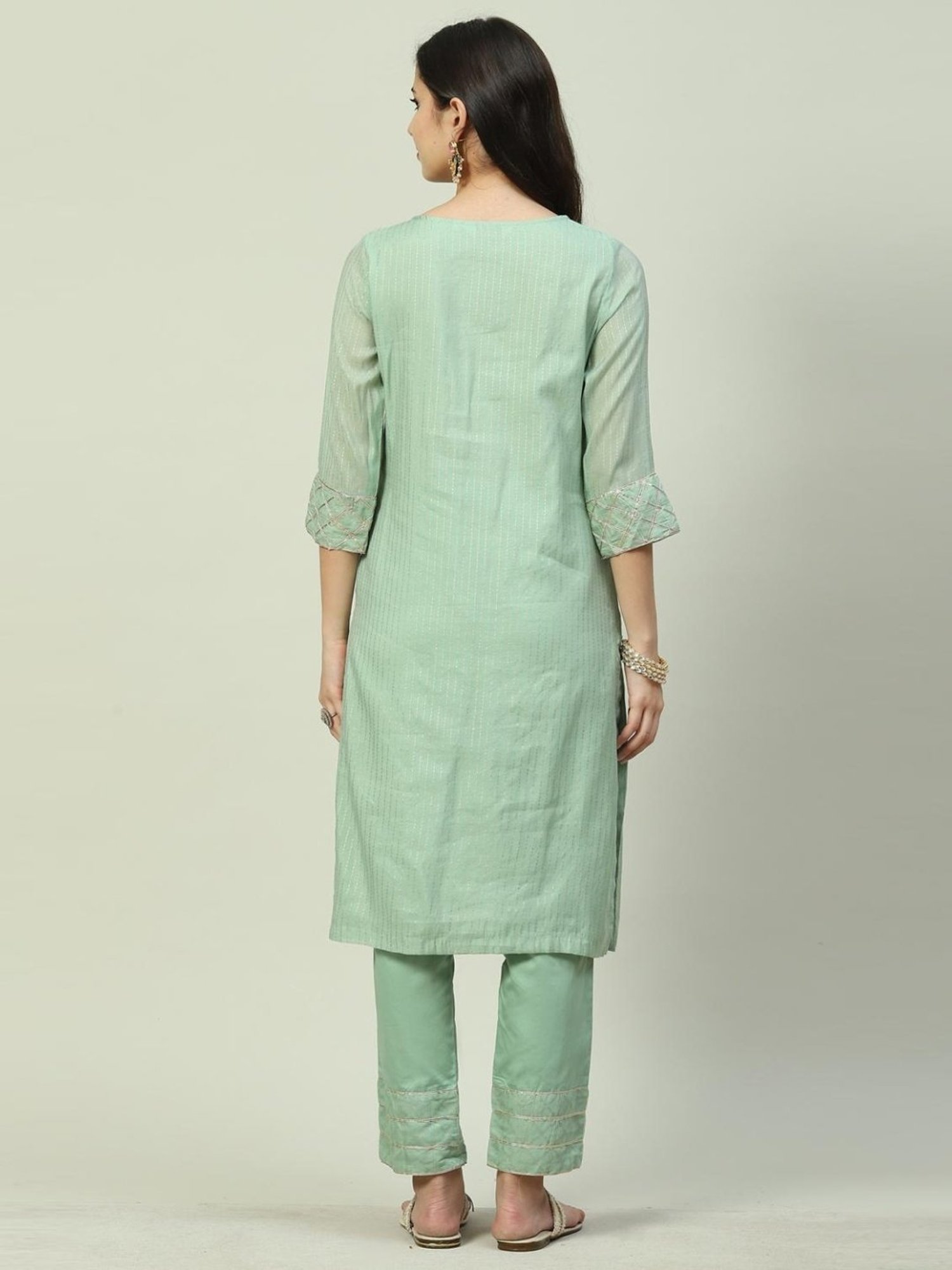 Biba Green Striped Kurta Pant Set