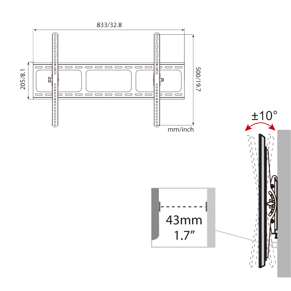 Heavy Duty Low Profile Tilting Flat Panel Wall Mount, Max Panel Weight 60kg Designed for Most of 40-100 inch LED, LCD, OLED Flat Panels, Supports up to VESA 800x500mm BIGASSMOUNT60T Amer Mounts
