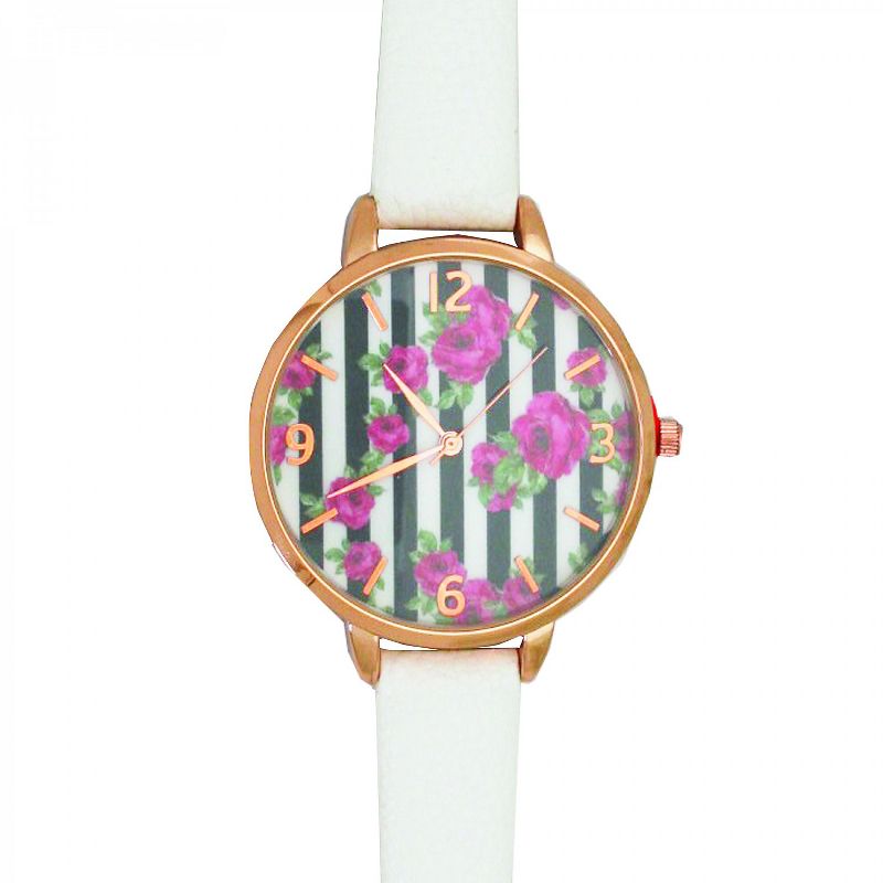 Olivia Pratt Leather Rose Face Strap Fashion Watch -White