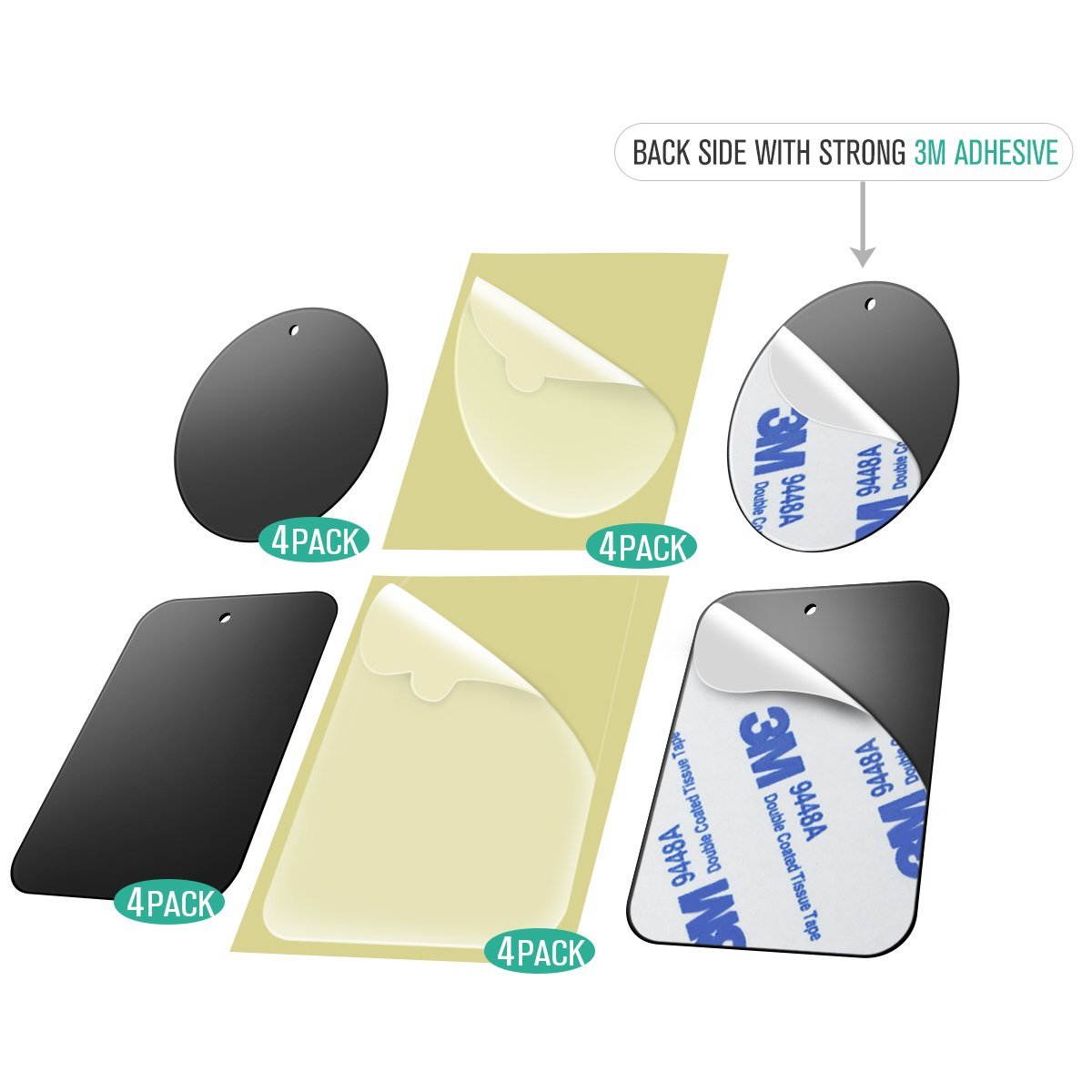 Metal Plates for Magnetic Car Mount,Nekteck Replacement Metal Plates with Strong 3M Adhesive for Magnetic Air Vent Phone Car Mount Holder,GPS Holder, 4 Rectangulars and 4 Rounds, 8 Pack, Black