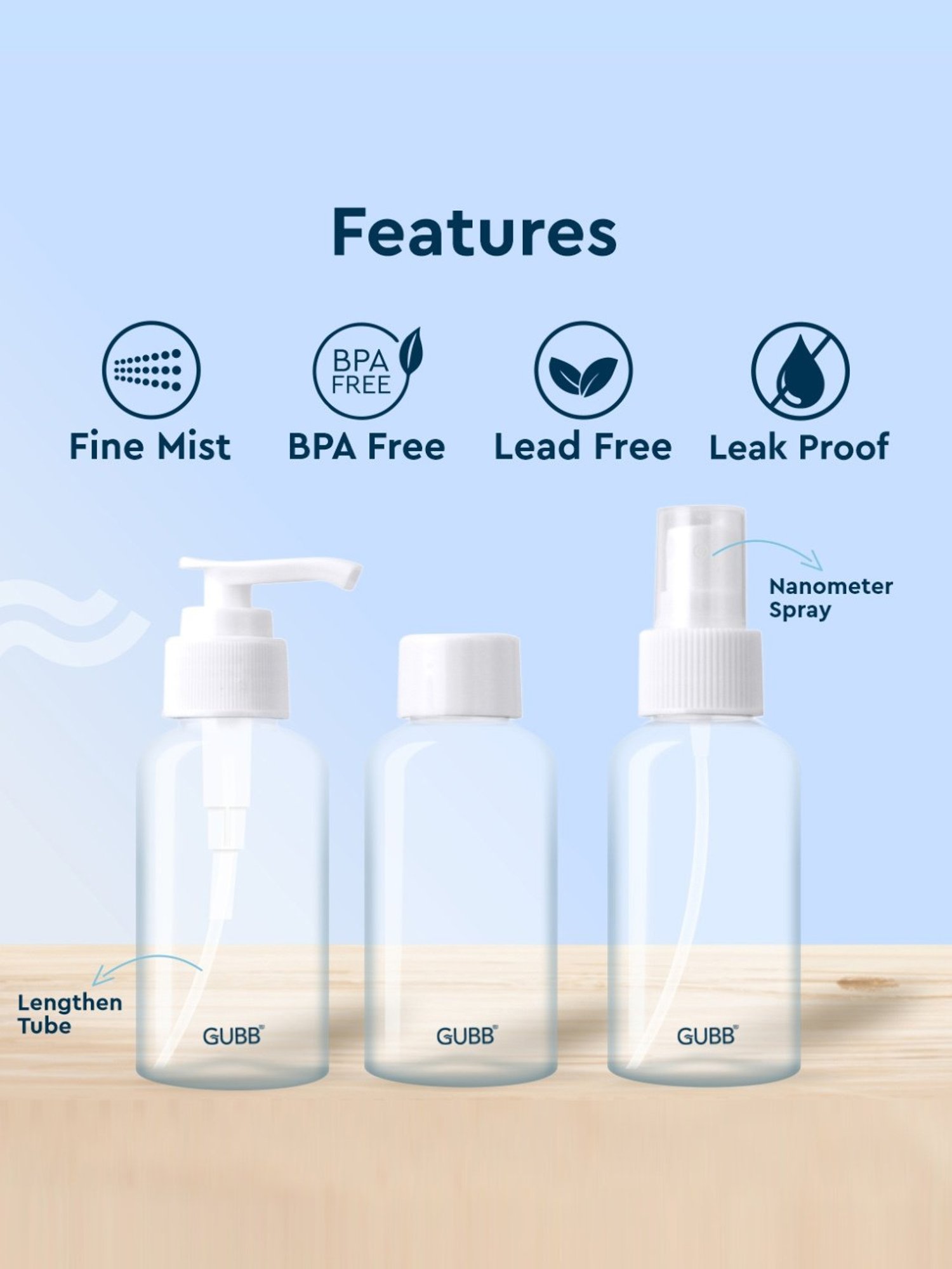 GUBB Travel Bottle Set for Toiletries - Spray Bottle, Pump Bottle & Cap Bottle