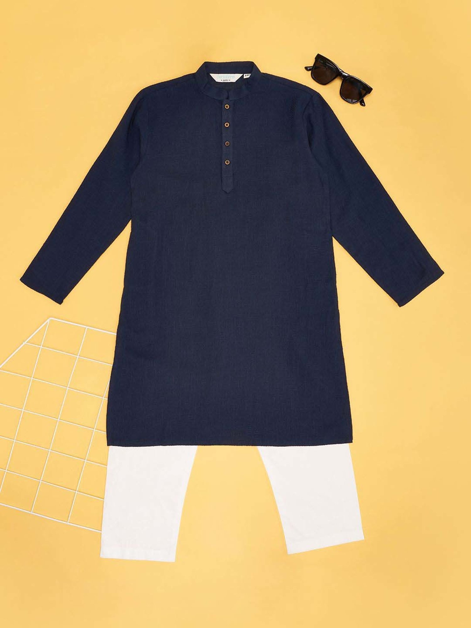 Fourfolds Boys Blue & White Solid Full Sleeves Suit Set