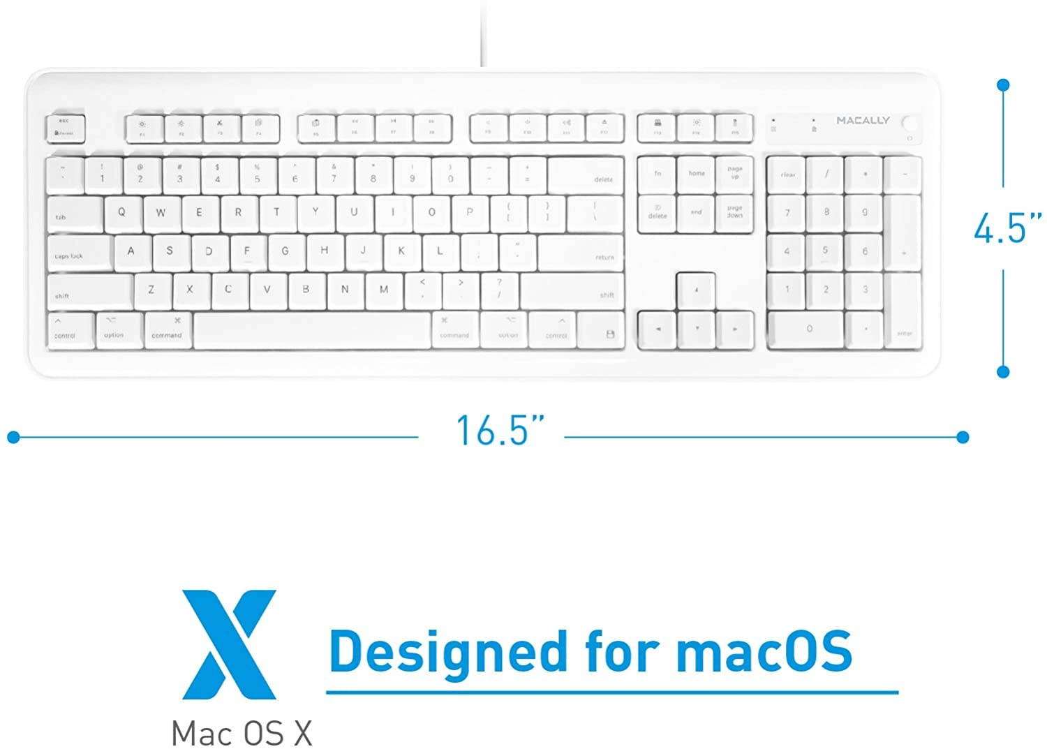 Macally Full Size USB Wired Computer Keyboard with Built-In 2-Port USB Hub - Perfect for your Mouse & 16 Apple Shortcut Keys for Mac OS, Apple iMac, Mac Mini, Macbook Pro/Air (XKEYHUB) , White