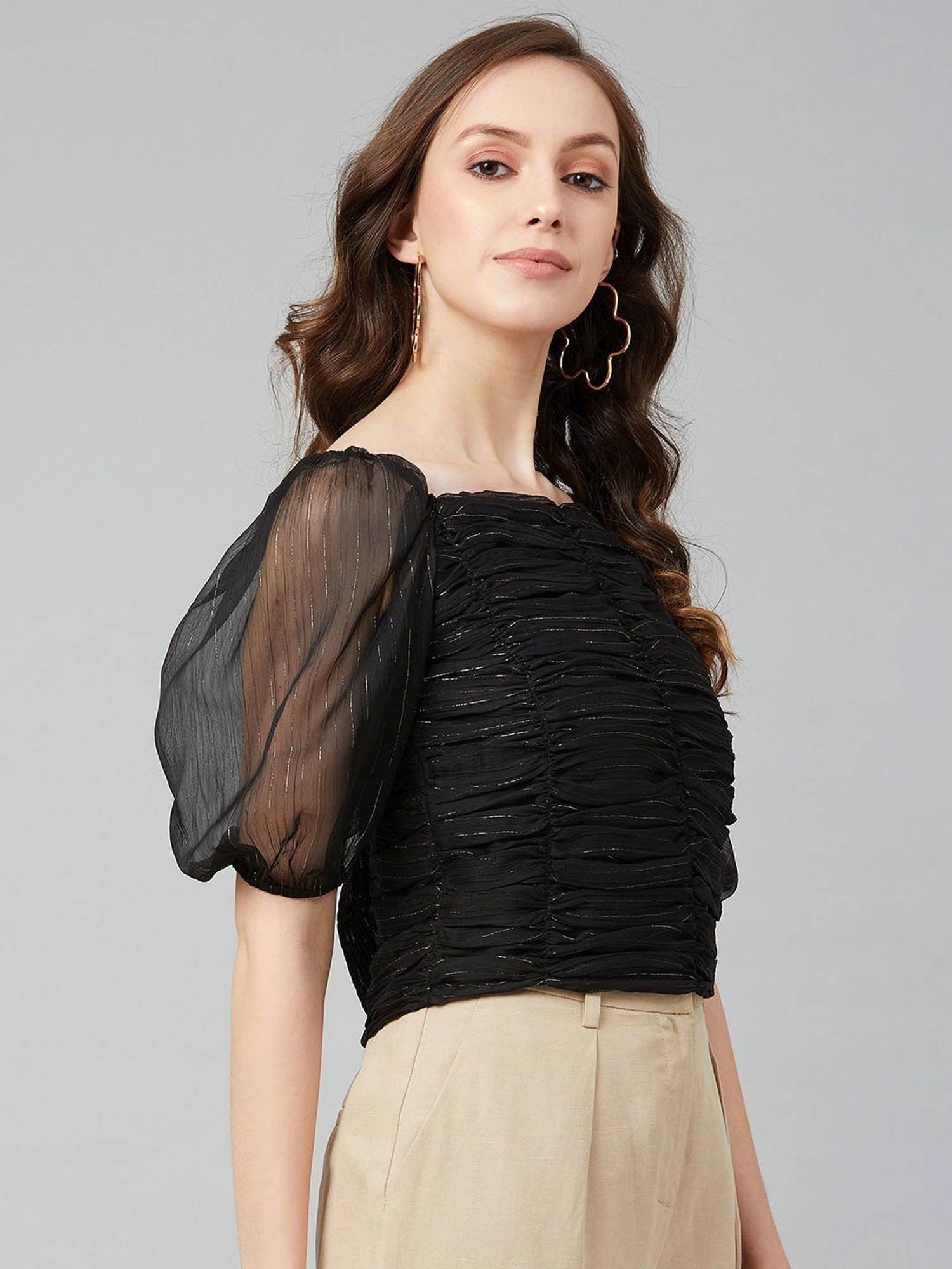 Marie Claire Black Self Design Crop Top