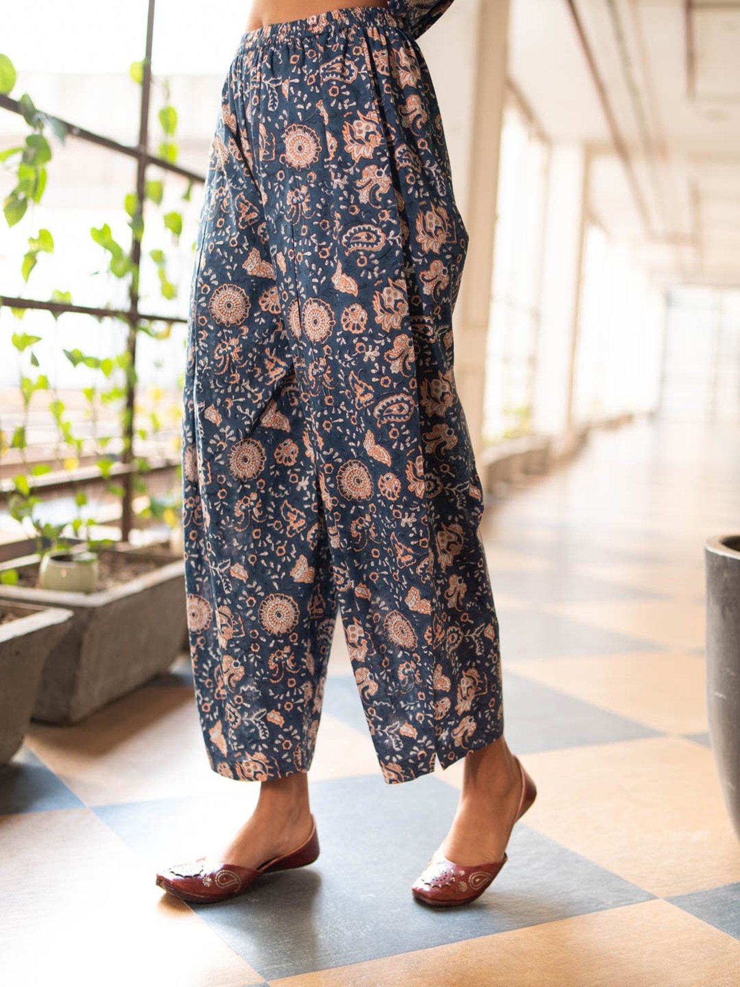 Akiso Blue Block Printed Anarkali Kurta Set With Hand Embroidery Details (Set Of 2)