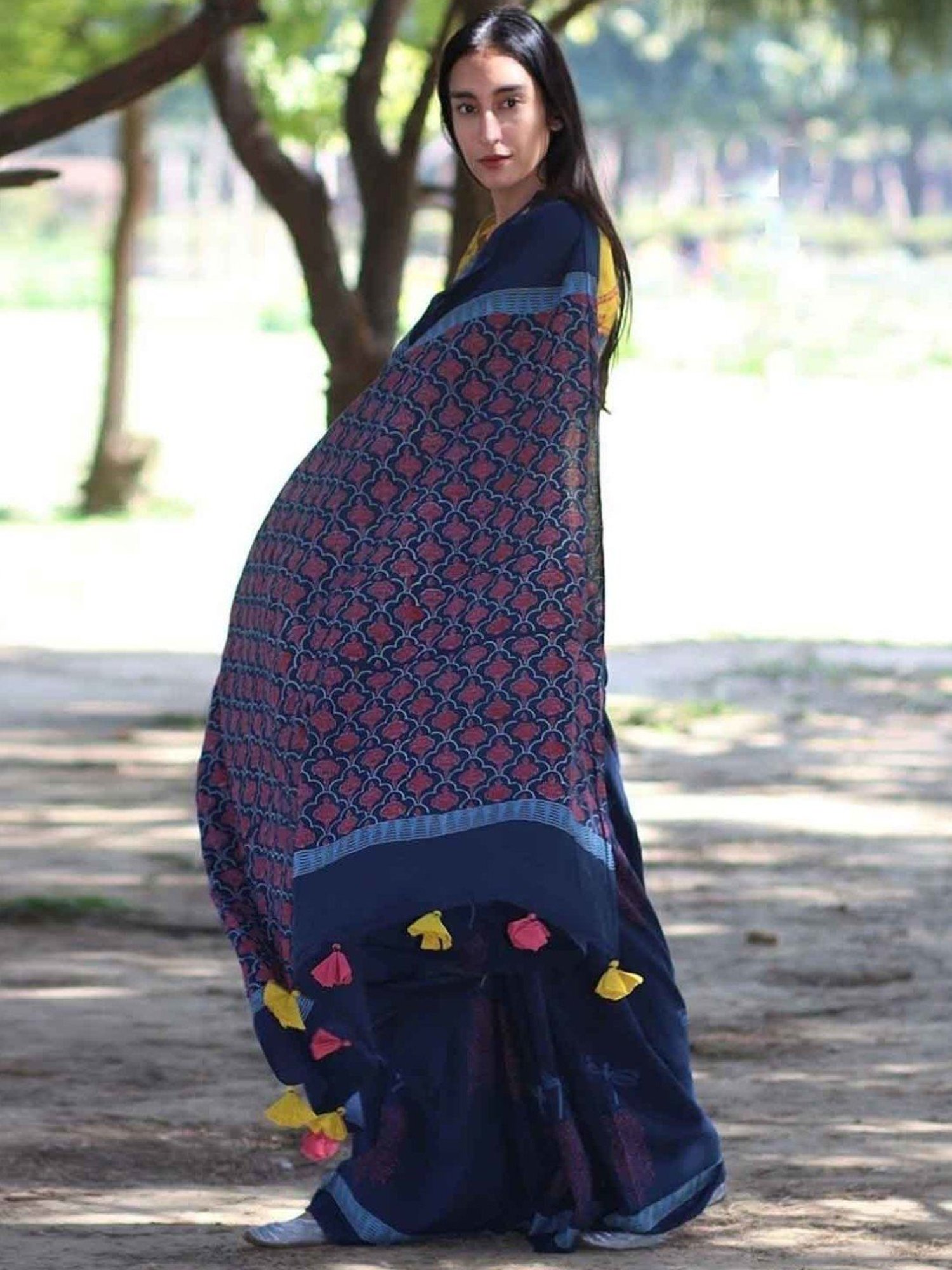 Chidiyaa Blue Block Printed Cotton Mul Saree