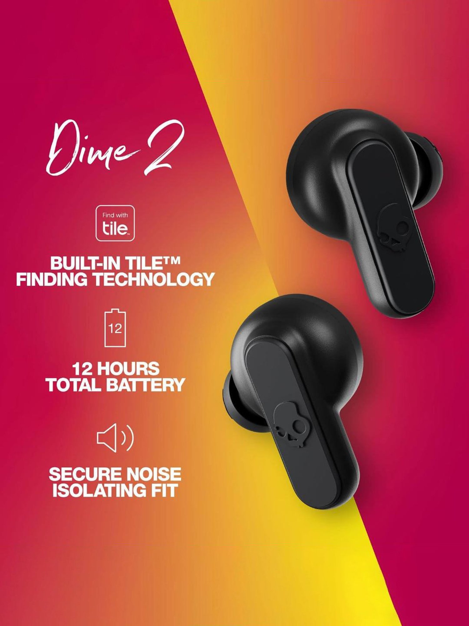 Skullcandy Dime 2 in-Ear Bluetooth Earbuds with IPX4 Water Dust Resistant (Black, True Wireless)