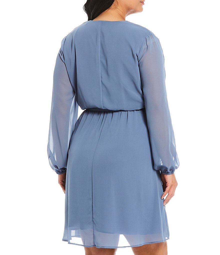 Marina Plus Size V-Neck Long Sleeve Knee Length Faux Wrap Dress