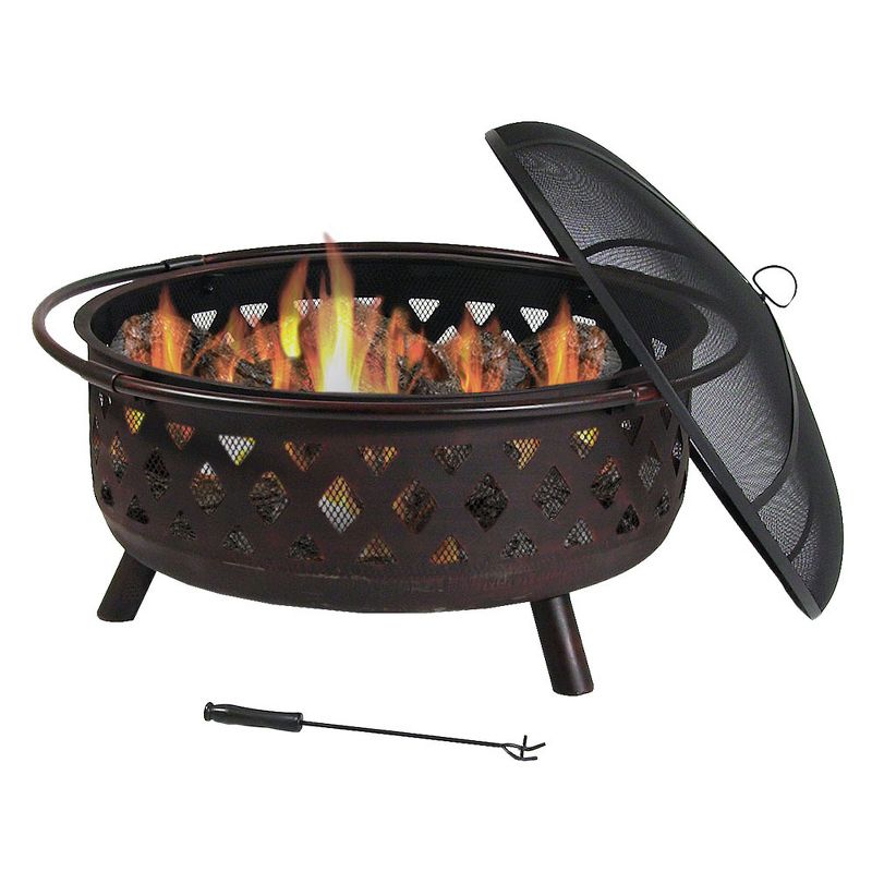 Sunnydaze Outdoor Camping or Backyard Crossweave Cut Out Fire Pit with Spark Screen, Log Poker, and Metal Wood Grate - 36" - Bronze