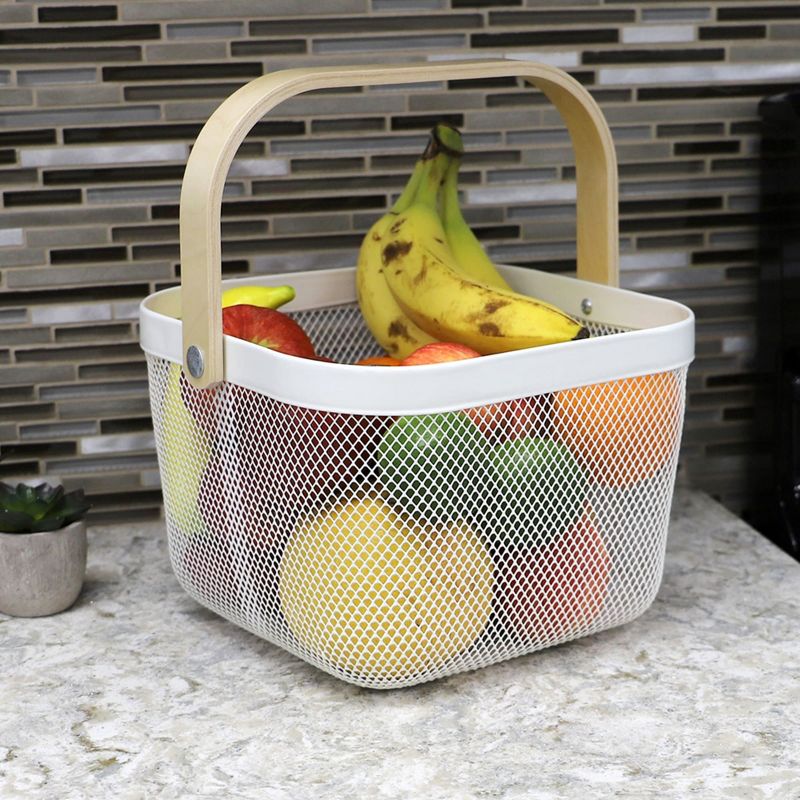 Home Basics Mesh Wire Basket with Wood Handle, Ivory