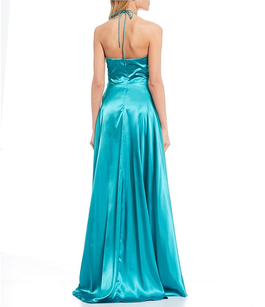 Blondie Nites Halter-Neck Side Slit Charmeuse Long Dress