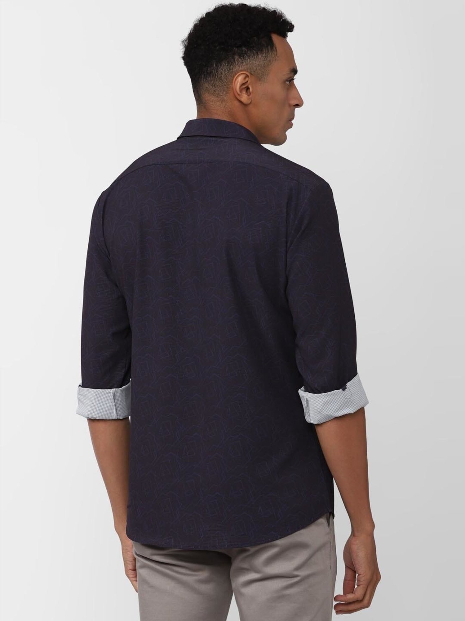 V Dot Navy Slim Fit Printed Shirt