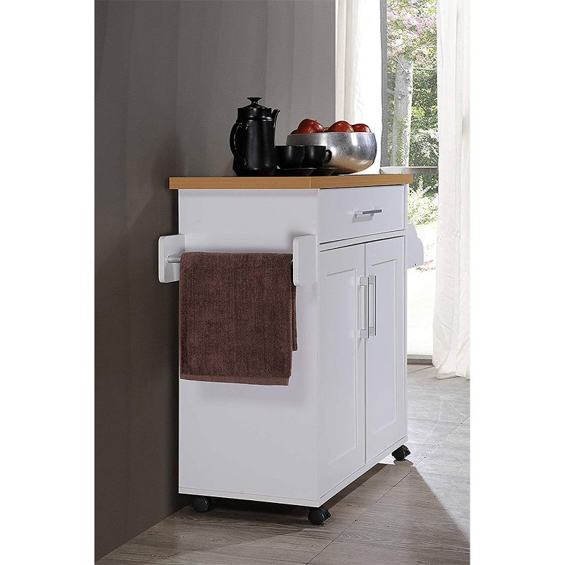 Hodedah Wheeled Kitchen Island with Spice Rack and Towel Holder, White/Beech