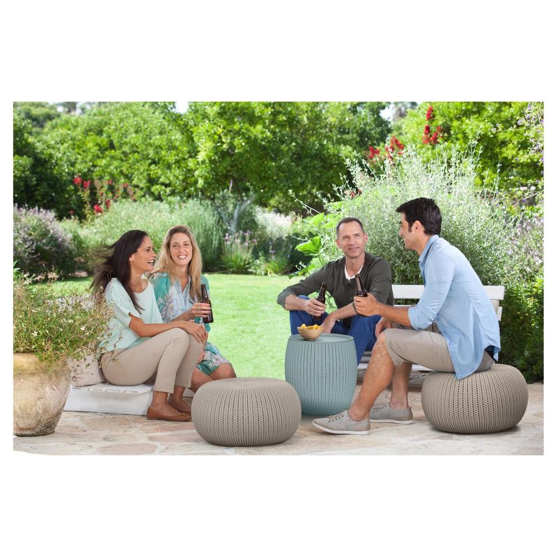 Urban Cozy Knit Outdoor Poufs and Table Balcony 3 Pc Set - Taupe/Blue - Keter