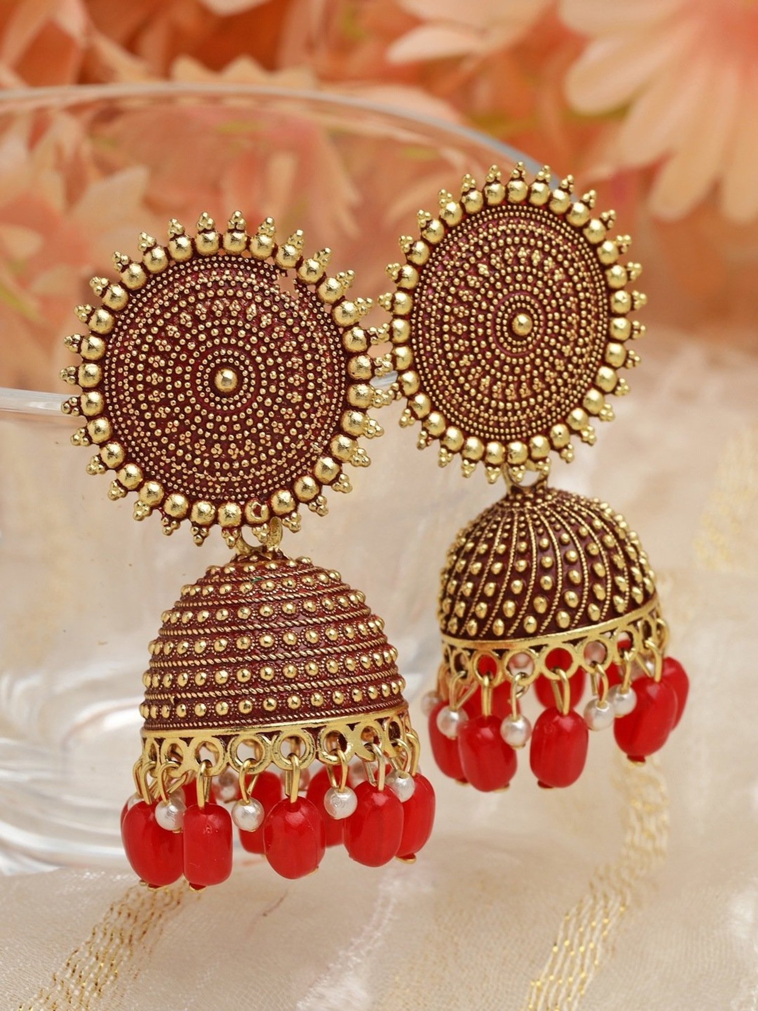 Moedbuille Handcrafted Meenakari Tasselled Floral Design Gold-Plated Antique Jhumki Earrings
