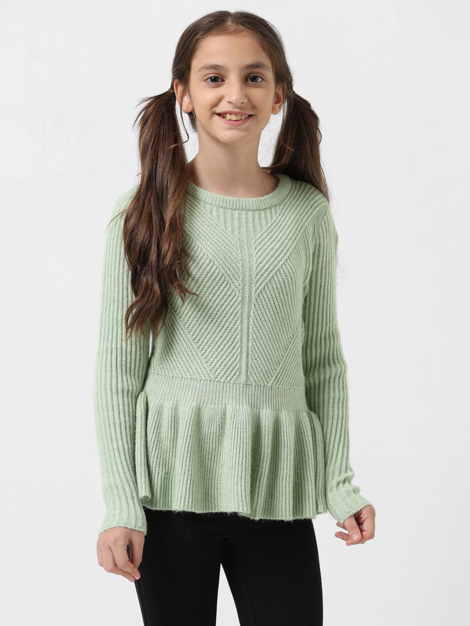 VERO MODA GIRL Green Self Design Full Sleeves Sweater