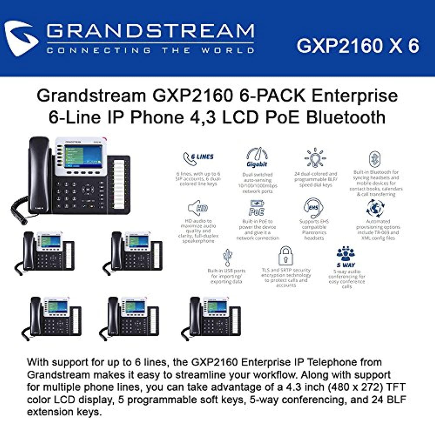 Grandstream GXP2160 6-PACK Enterprise 6-Line IP Phone 4.3 LCD PoE Bluetooth
