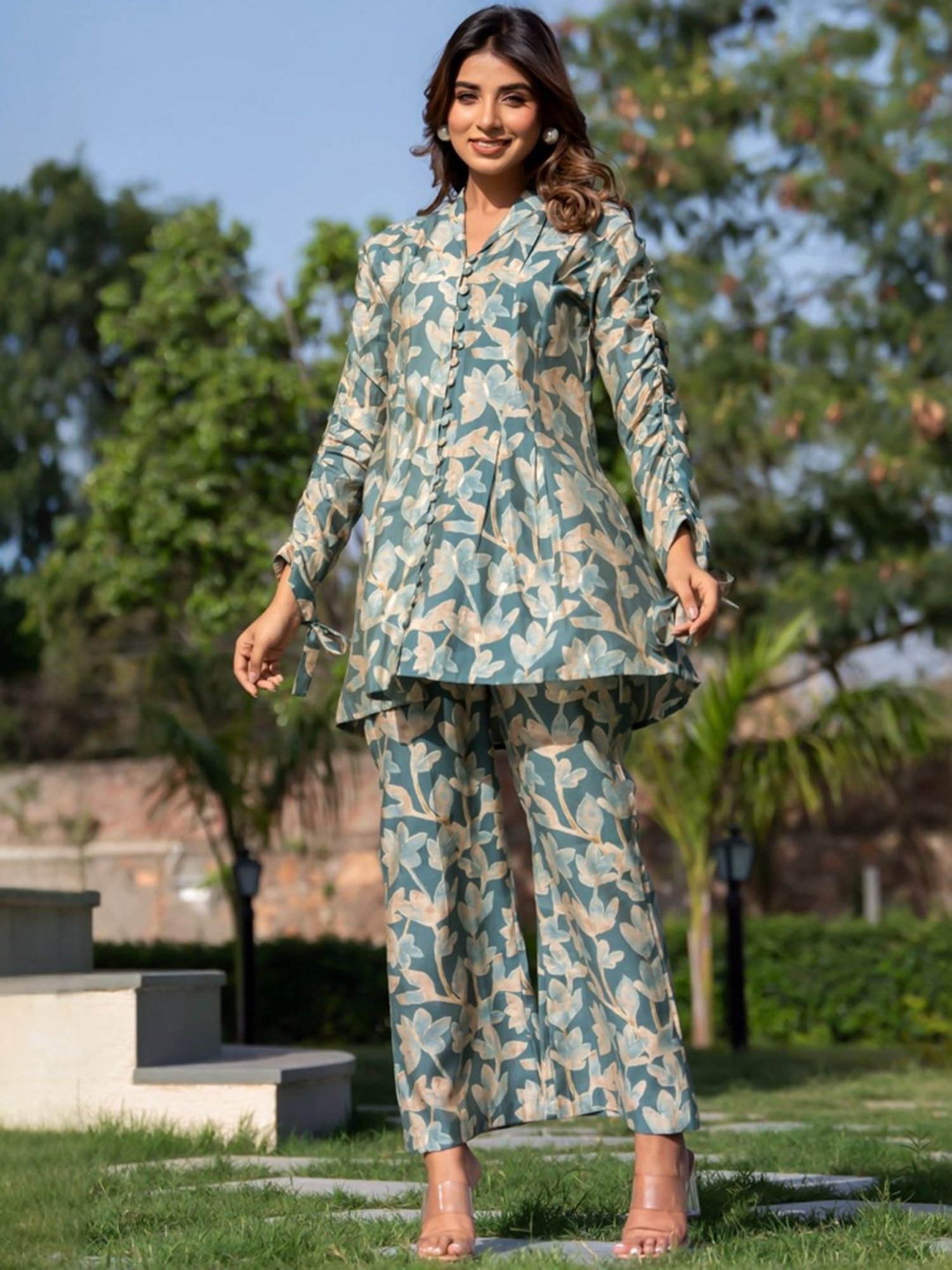 HOUSE OF JAMOTI Green Cotton Printed Tunic Palazzo Set