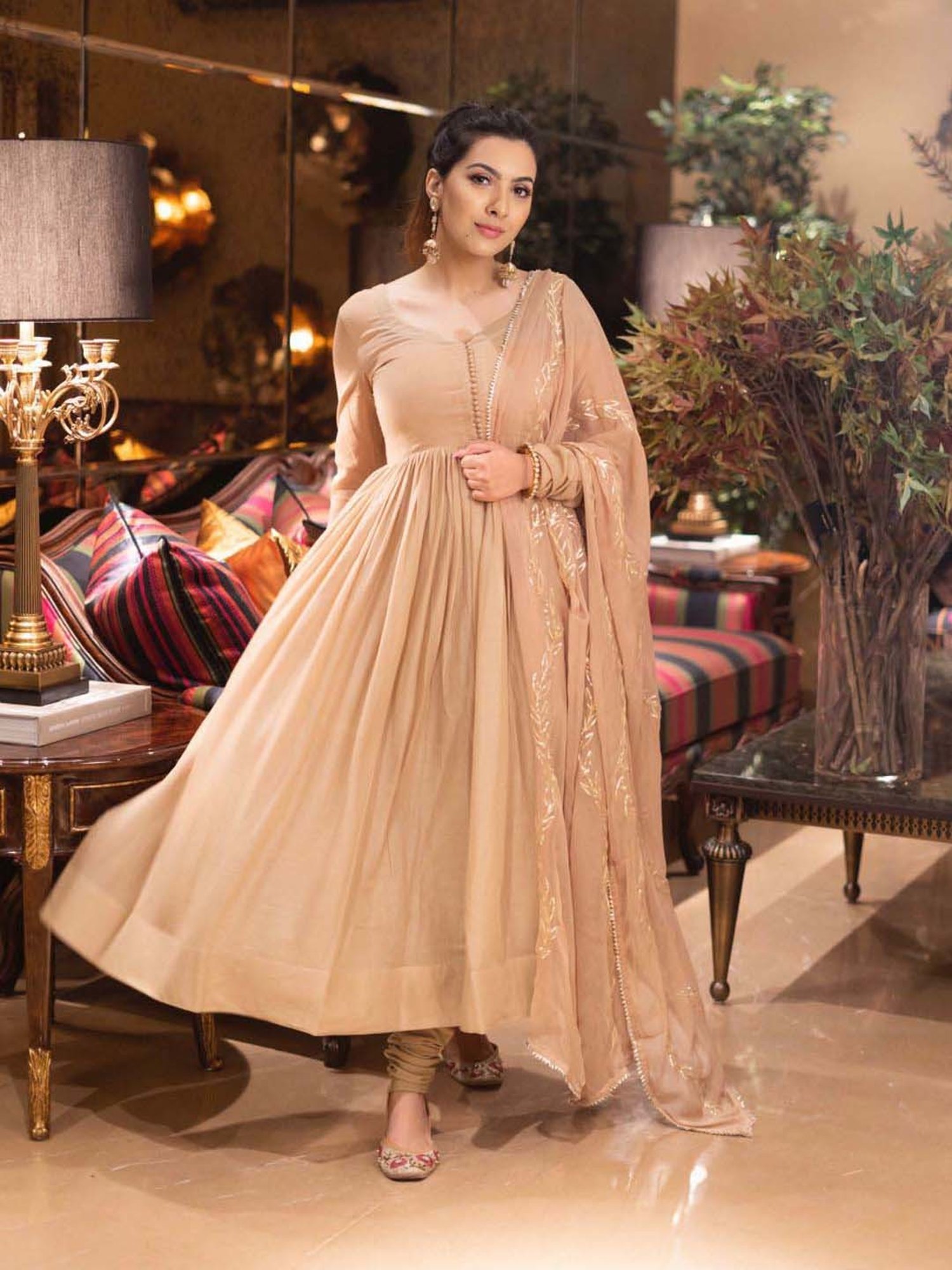 AACHHO Beige Kurta Pant Set With Dupatta