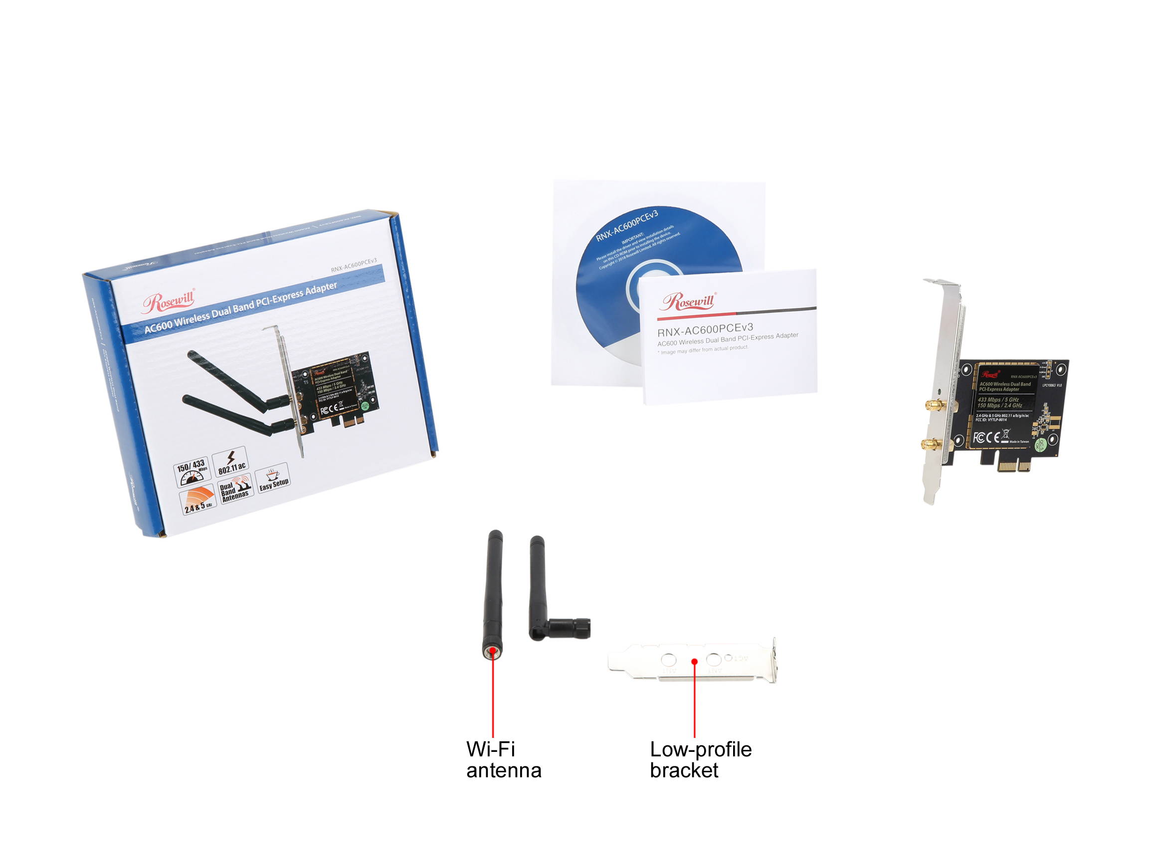 Rosewill Wi-Fi Adapter / Wireless AC600 Adapter / PCI Express Network Card, Dual Band Wireless 11AC Wi-Fi Card / Adapter, Up to 433 Mbps (5.0 GHz) + 150 Mbps (2.4 GHz) - RNX-AC600PCEv3