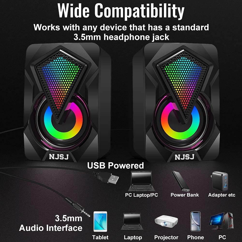 CUUWE Computer Speakers,Wired PC Speaker 2.0 USB Gaming Powered Stereo Mini Multimedia Volume Control with RGB Lights 3.5mm Aux Input for Phone Tablets Desktop Laptop
