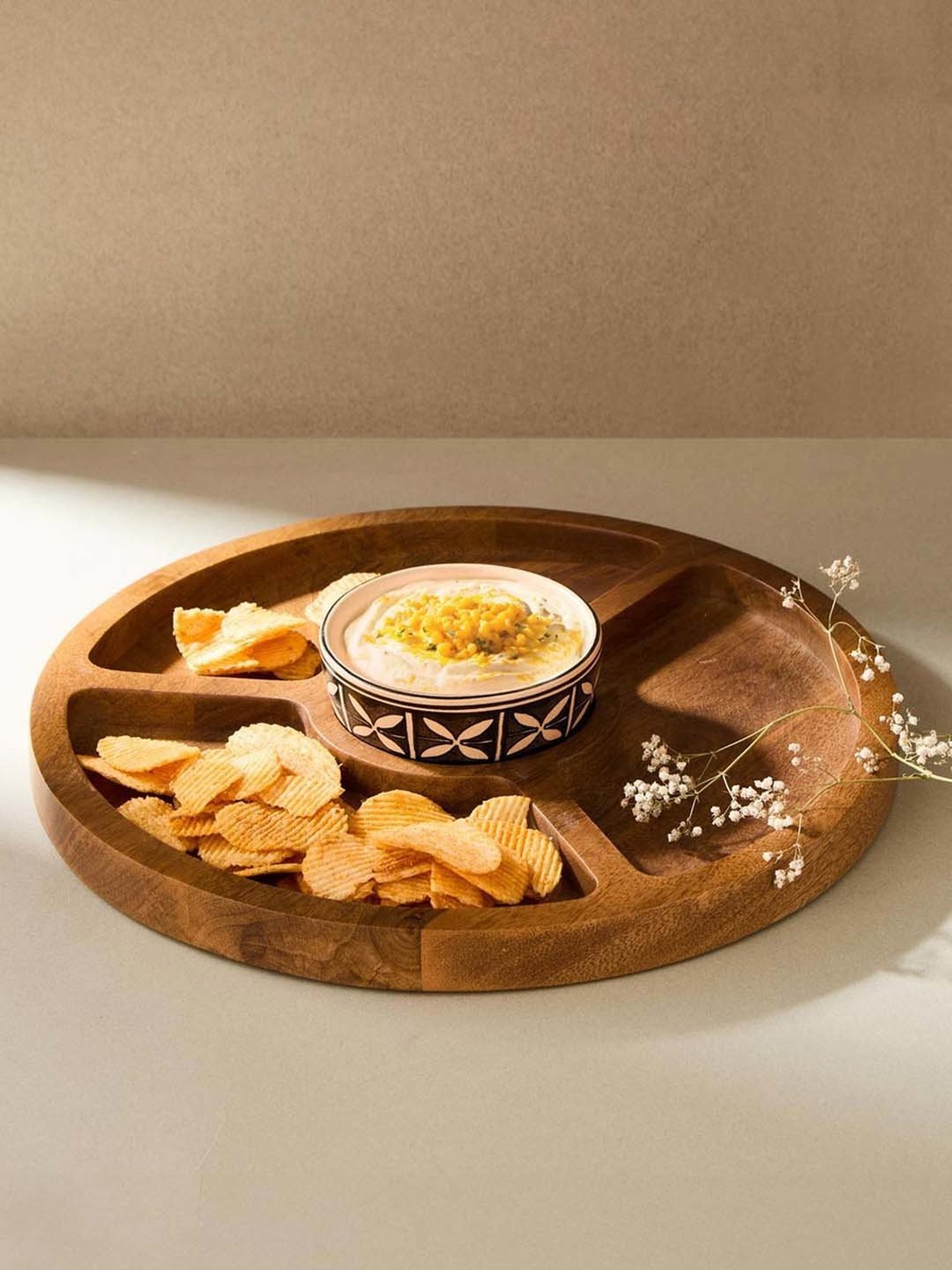 Fabindia Thar Natural Wood 1 Platter & 1 Dip Bowl