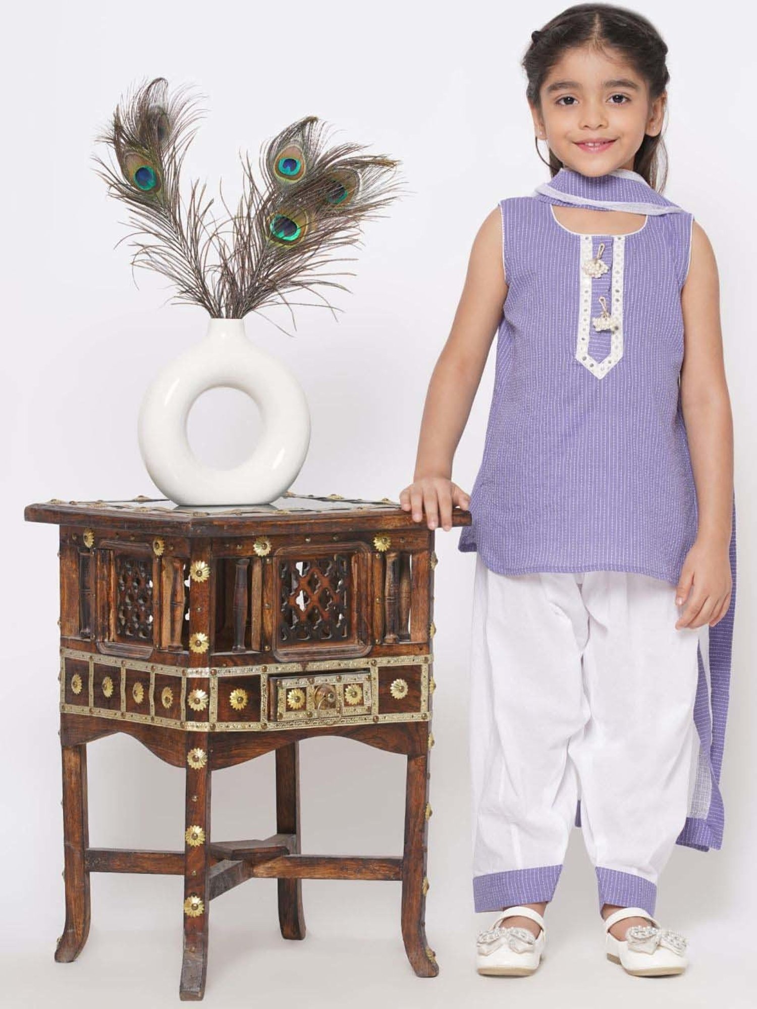 Little Bansi Kids Lavender & White Cotton Embroidered Kurta Set