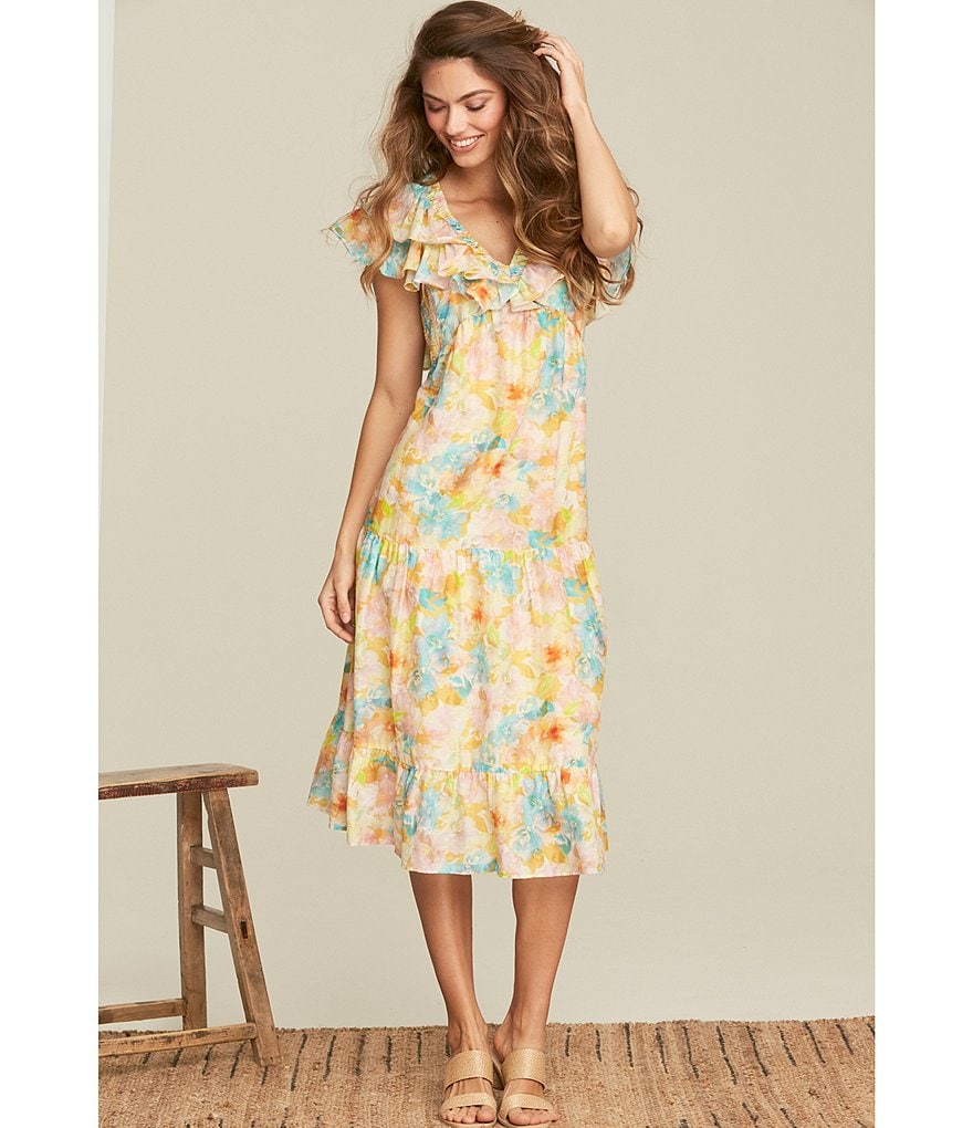 Roller Rabbit Sandria Ondine V-Neck Double Ruffle Cap Sleeve Watercolor Pattern Print Midi Dress
