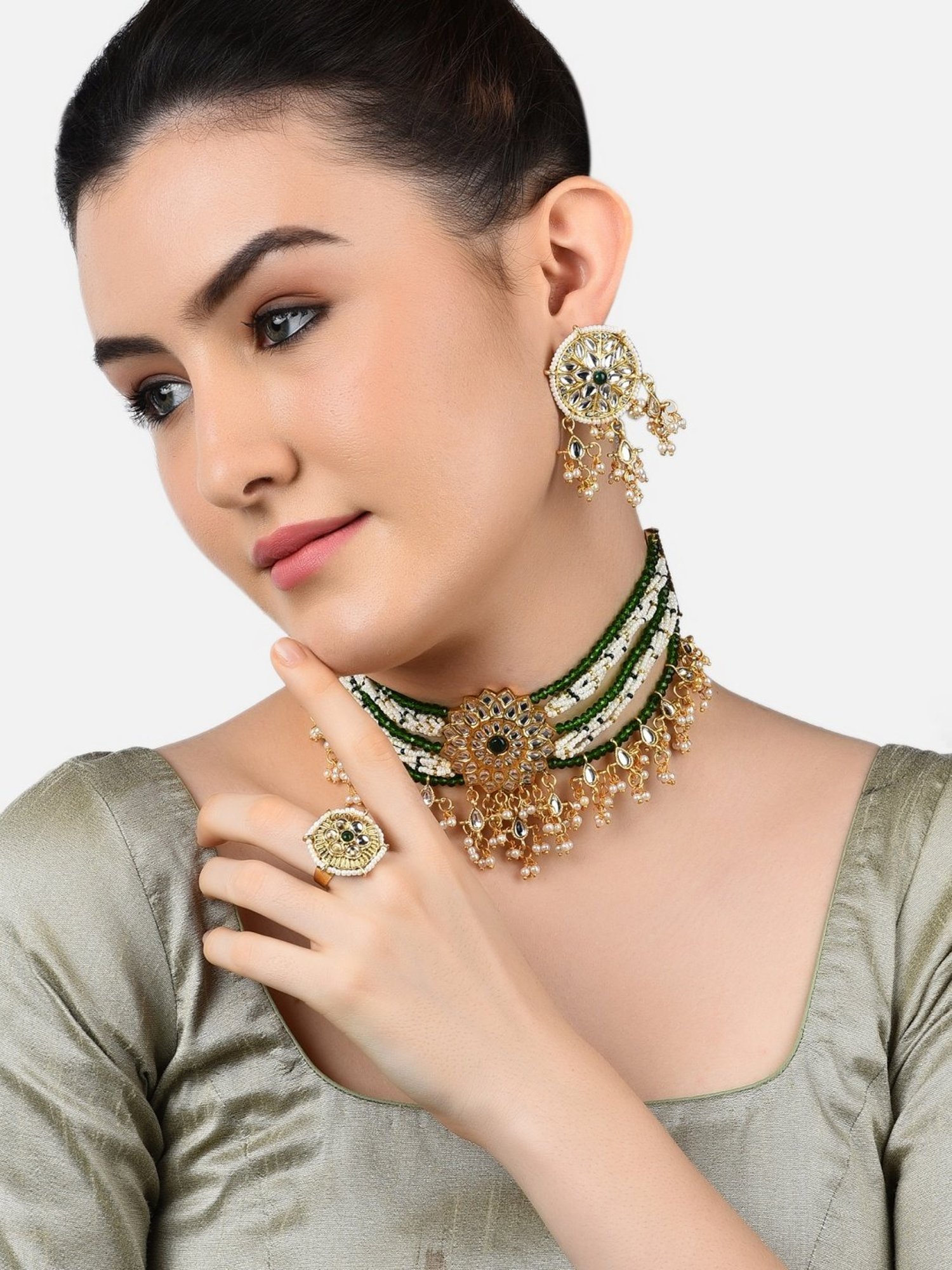 Zaveri Pearls Green Crystals Beaded Traditional Kundan Choker Necklace Earring & Ring Set-ZPFK11065